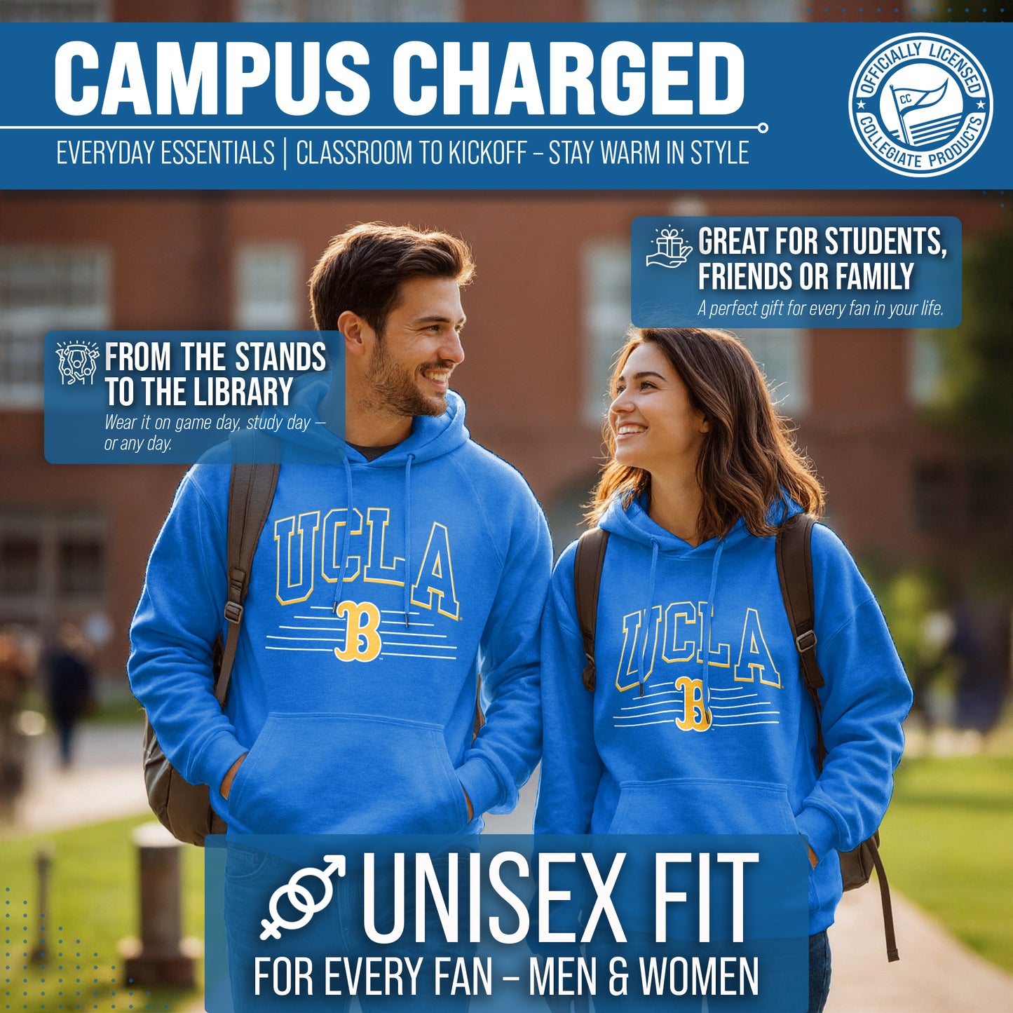 UCLA Bruins NCAA Adult Unisex Overtime Classics Hooded Fleece Sweatshirt - Blue
