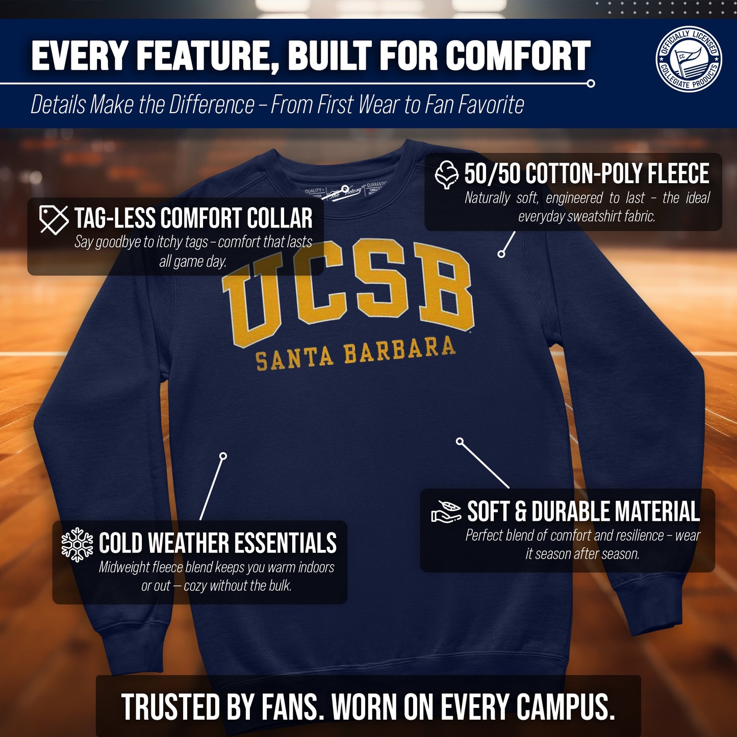 UCSB Gauchos Campus Colors Adult Arch & Logo Soft Style Gameday Crewneck Sweatshirt - Navy
