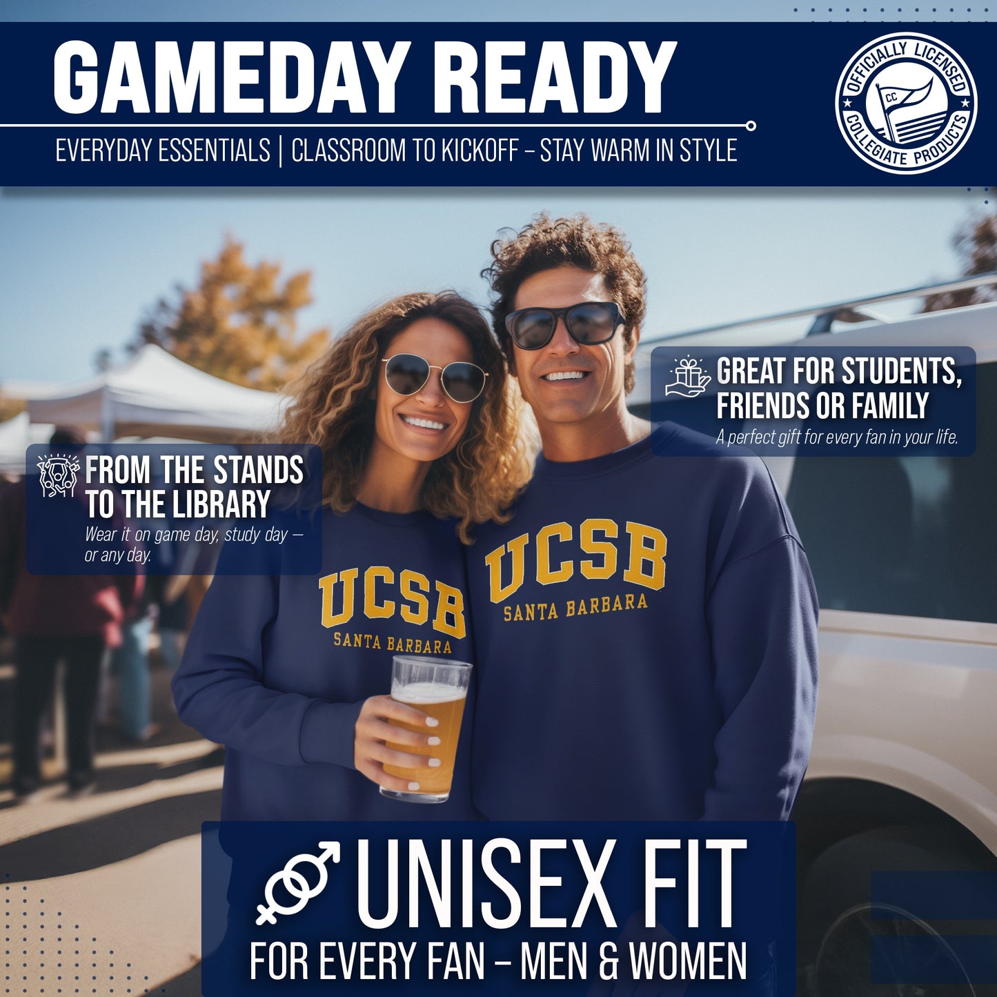 UCSB Gauchos Campus Colors Adult Arch & Logo Soft Style Gameday Crewneck Sweatshirt - Navy