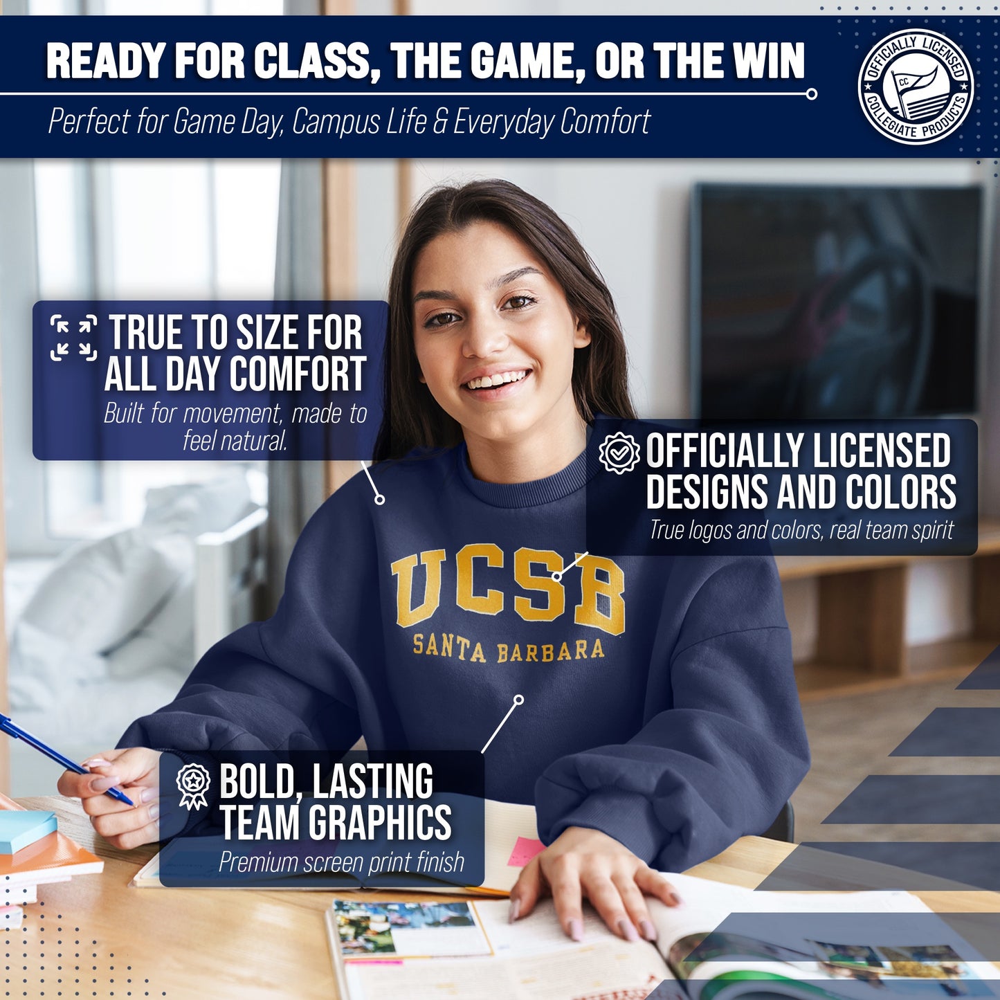 UCSB Gauchos Campus Colors Adult Arch & Logo Soft Style Gameday Crewneck Sweatshirt - Navy