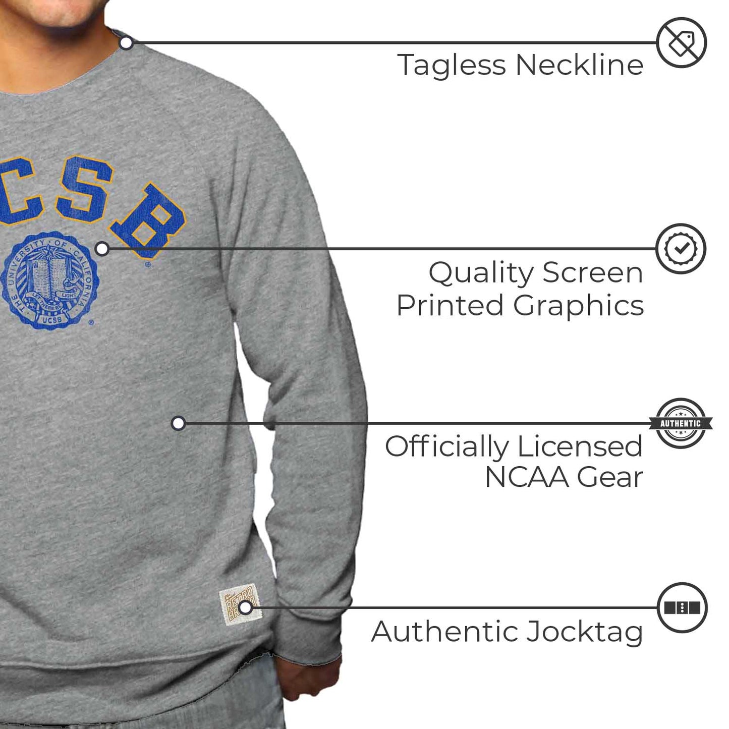 UCSB Gauchos College Gray University Seal Crewneck Sweatshirt - Gray