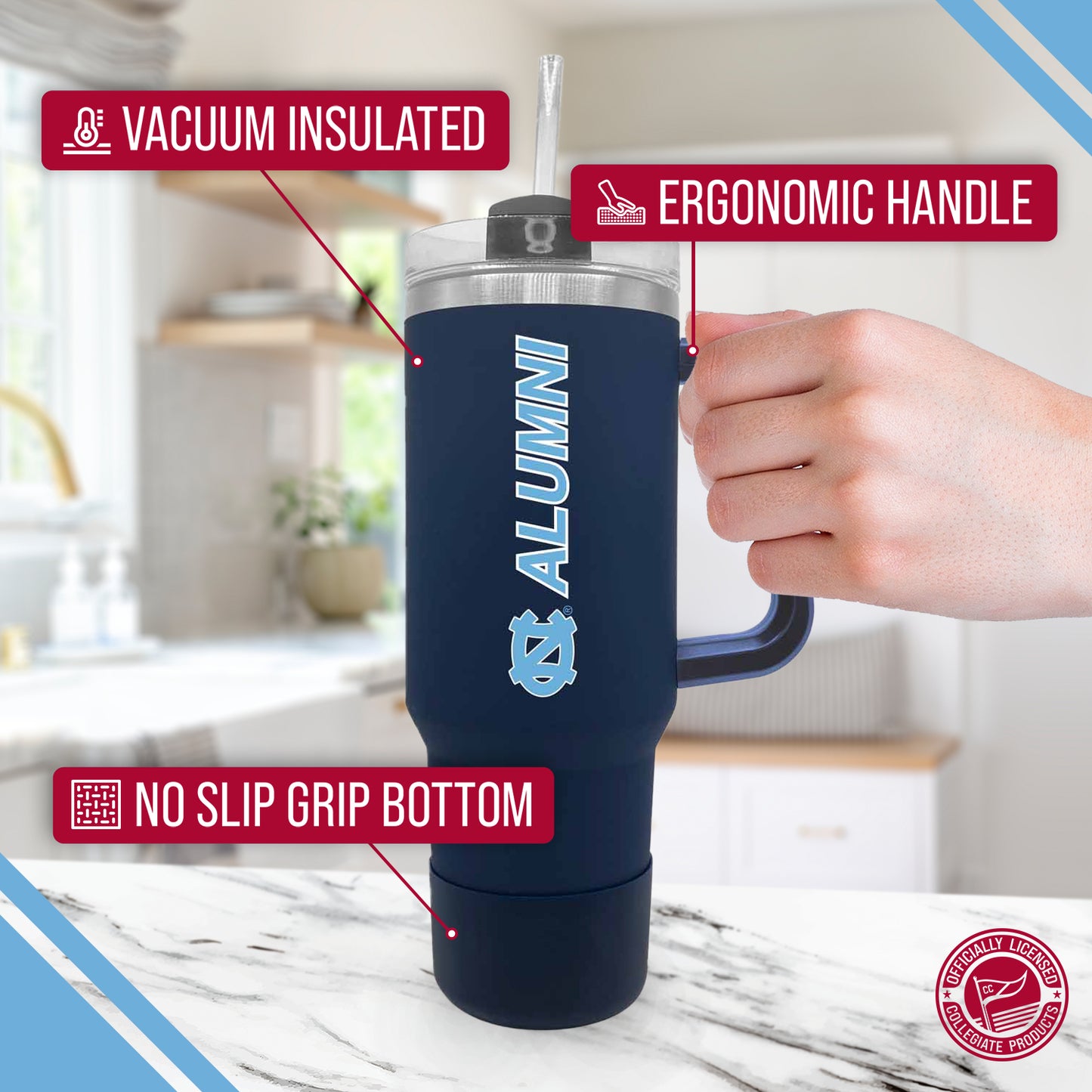 North Carolina Tar Heels Collegiate 40oz Stainless Steel Travel Tumbler with Handle for Alumni - Navy