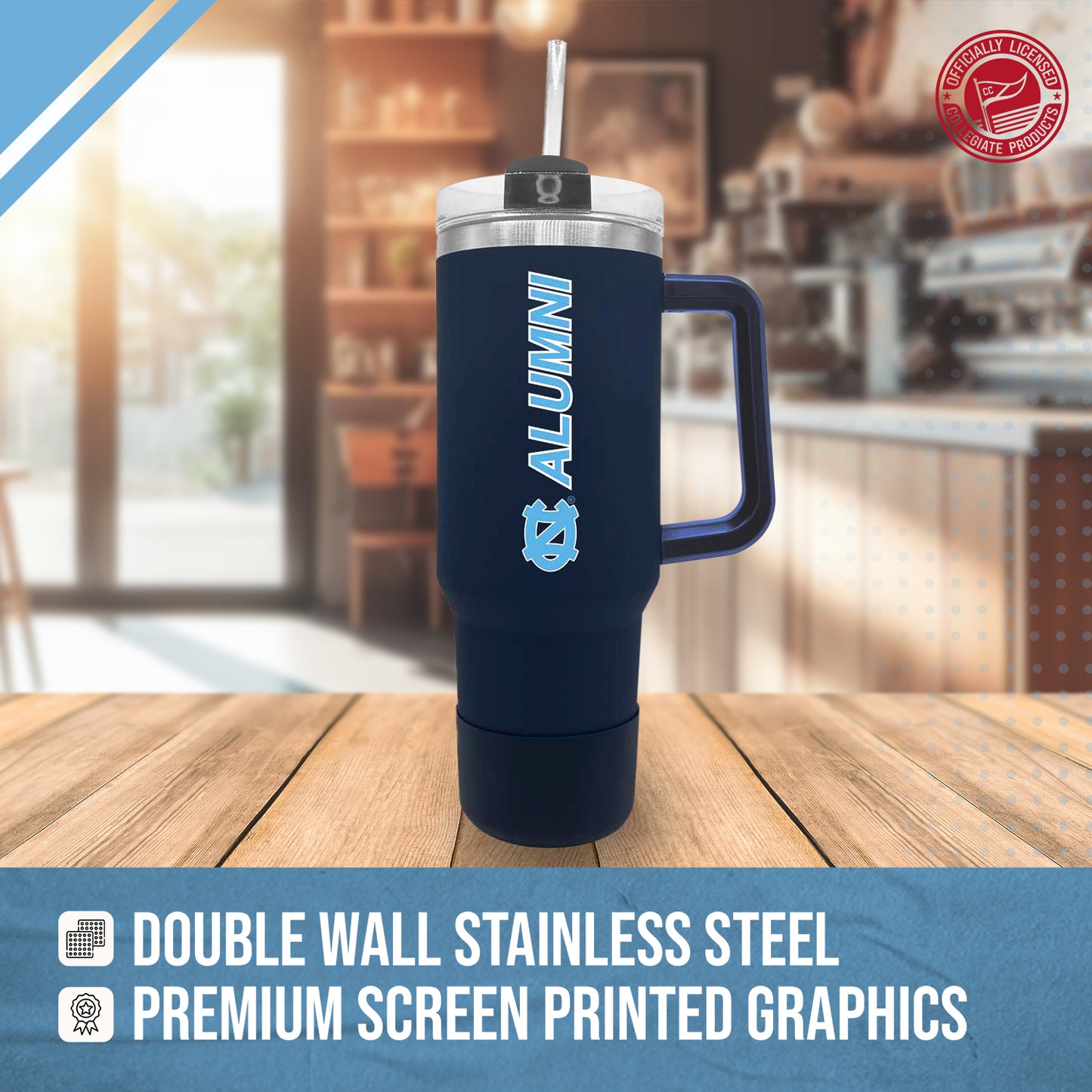 North Carolina Tar Heels Collegiate 40oz Stainless Steel Travel Tumbler with Handle for Alumni - Navy