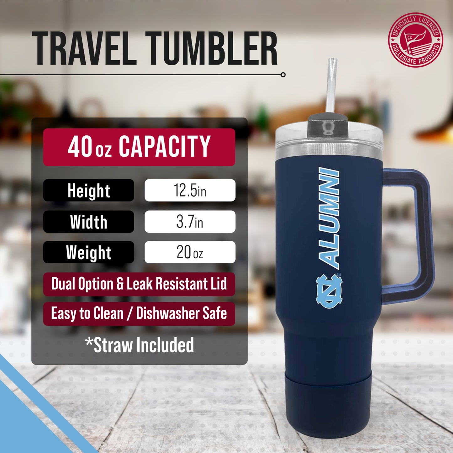 North Carolina Tar Heels Collegiate 40oz Stainless Steel Travel Tumbler with Handle for Alumni - Navy