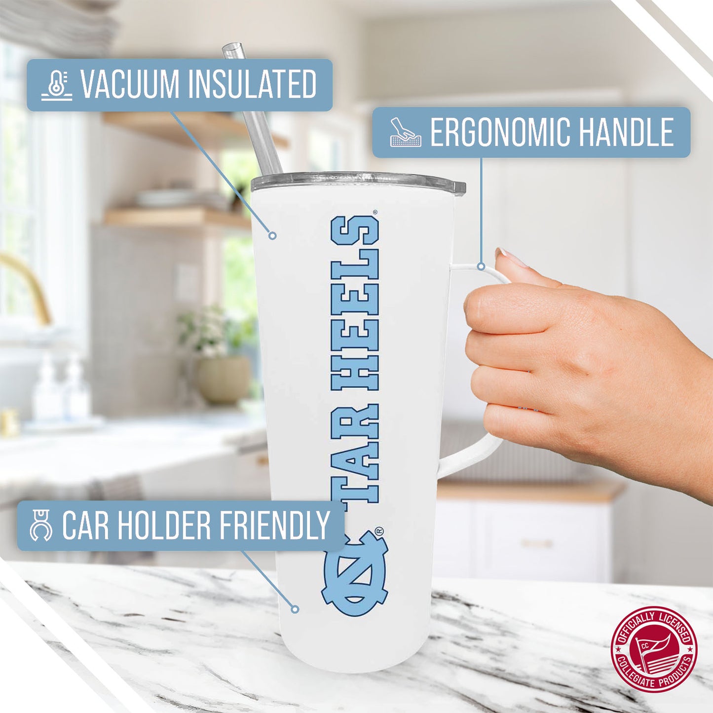 North Carolina Tar Heels NCAA Stainless Steel 20oz Roadie With Handle & Dual Option Lid With Straw - White