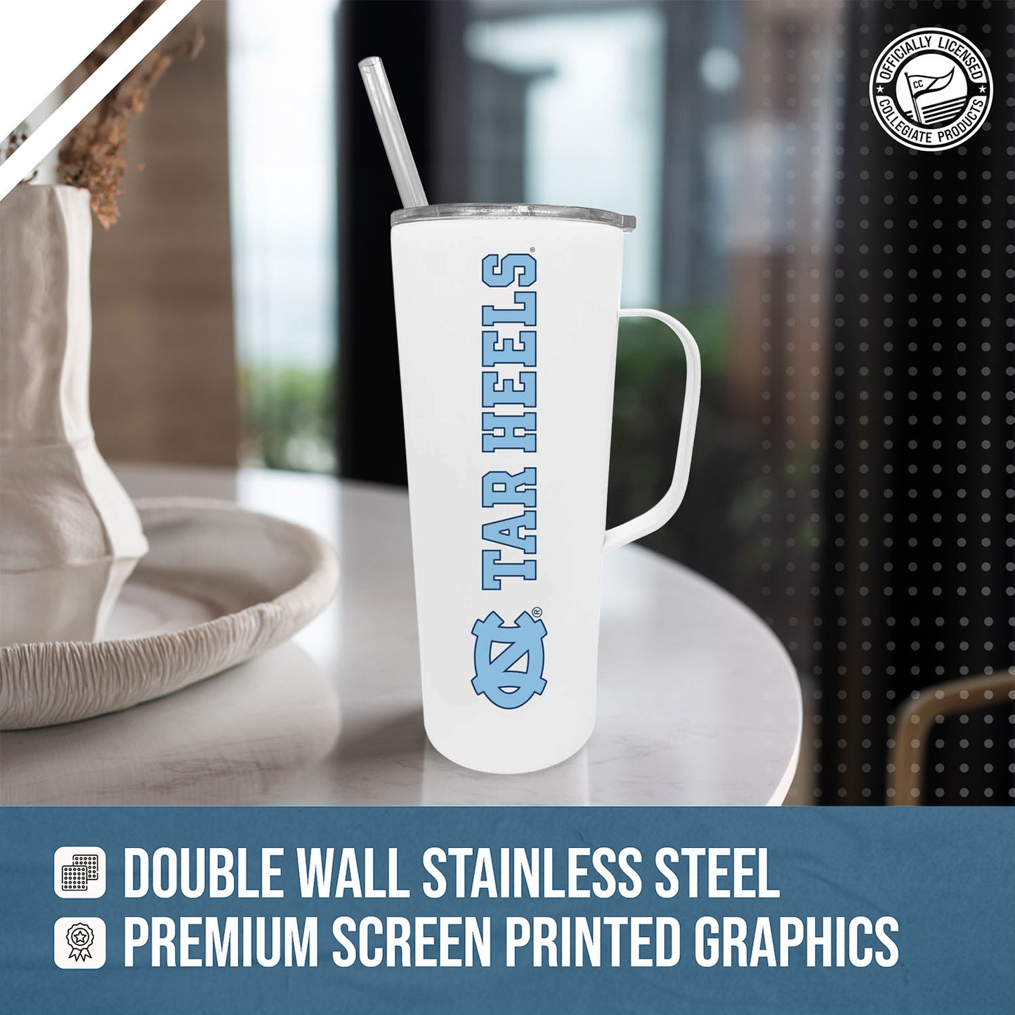North Carolina Tar Heels NCAA Stainless Steel 20oz Roadie With Handle & Dual Option Lid With Straw - White