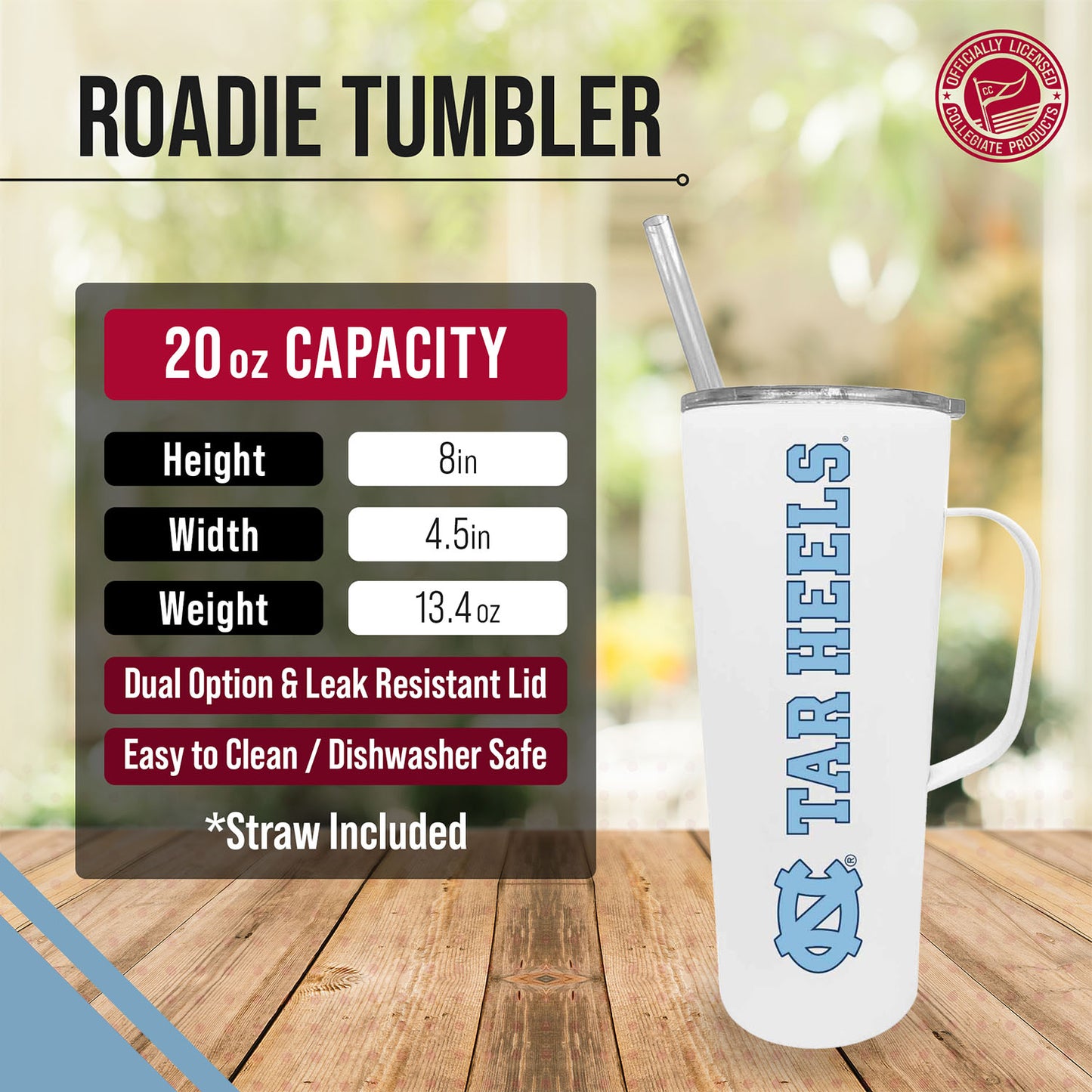 North Carolina Tar Heels NCAA Stainless Steel 20oz Roadie With Handle & Dual Option Lid With Straw - White