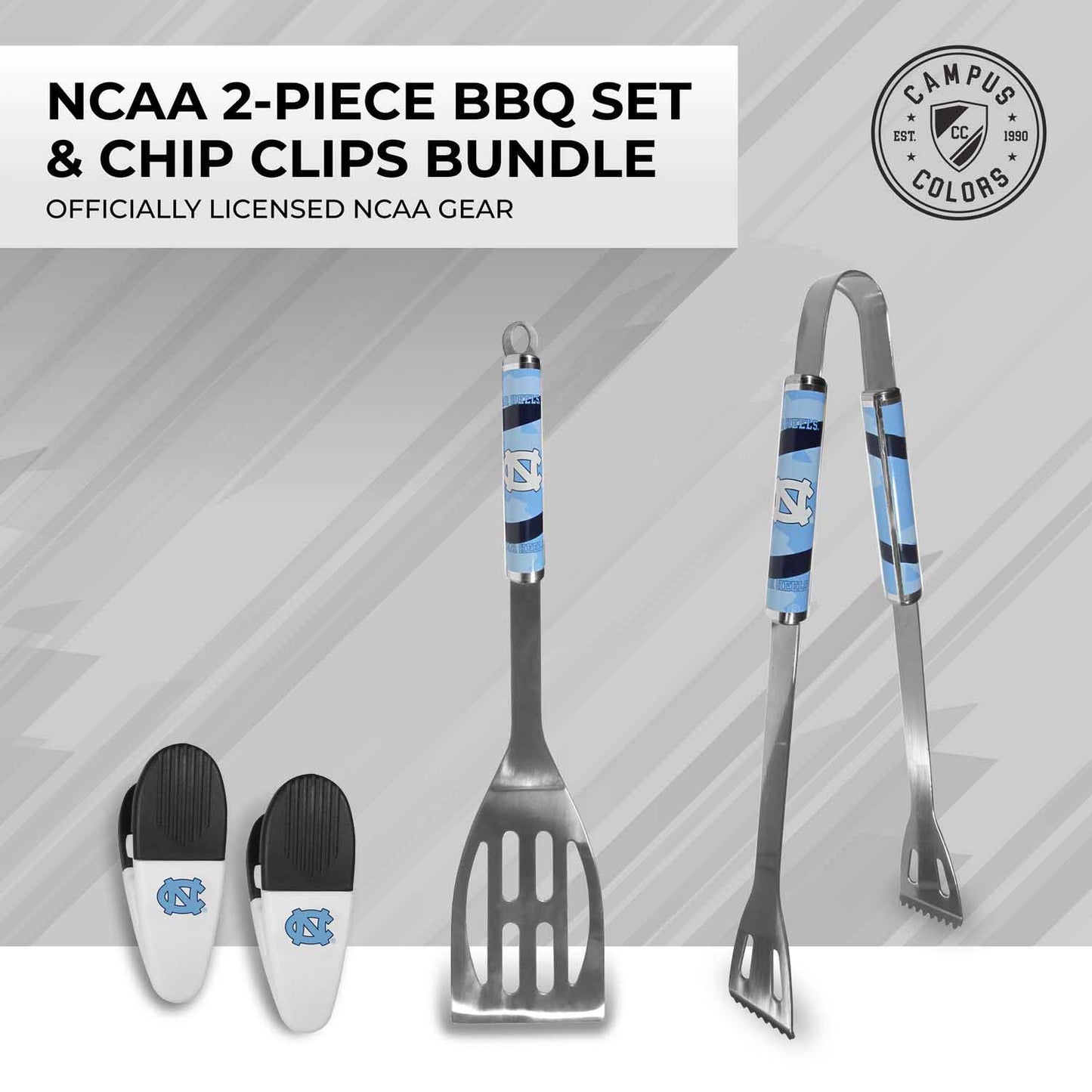North Carolina Tar Heels Collegiate University Two Piece Grilling Tools Set with 2 Magnet Chip Clips - Chrome