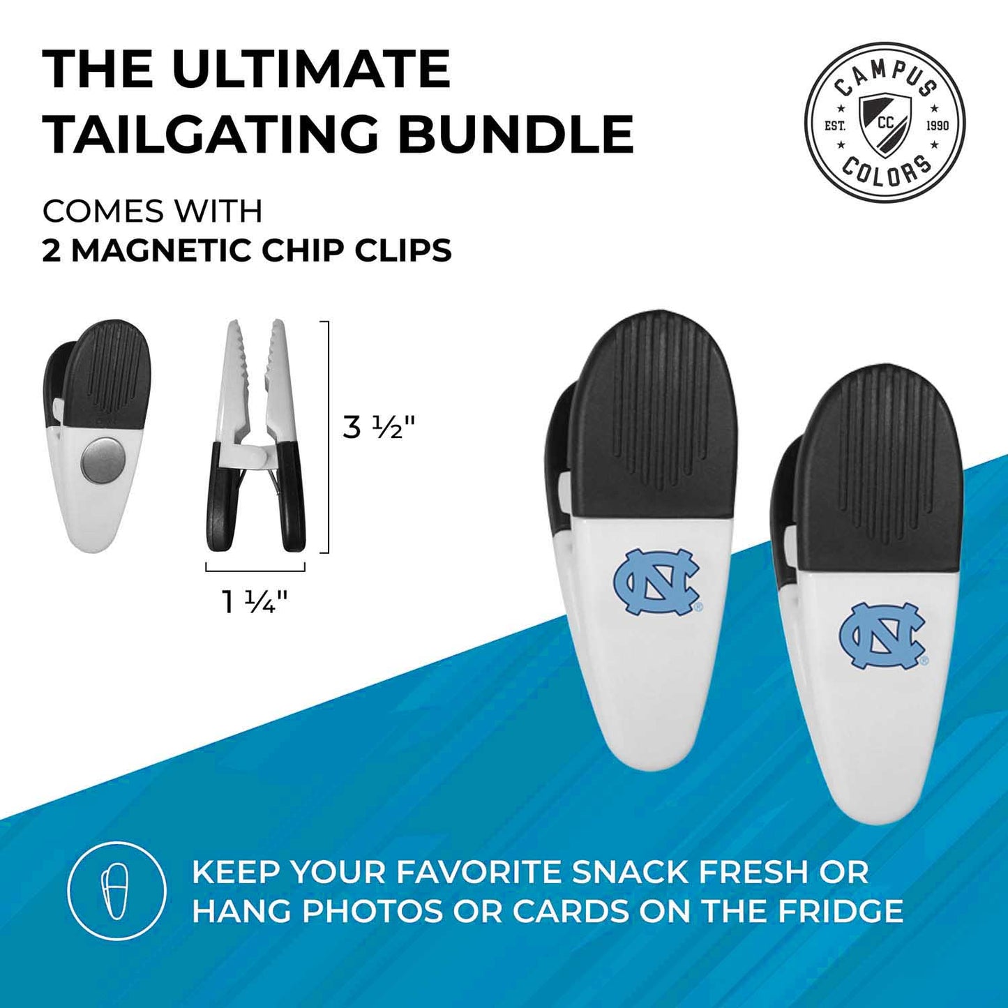 North Carolina Tar Heels Collegiate University Two Piece Grilling Tools Set with 2 Magnet Chip Clips - Chrome