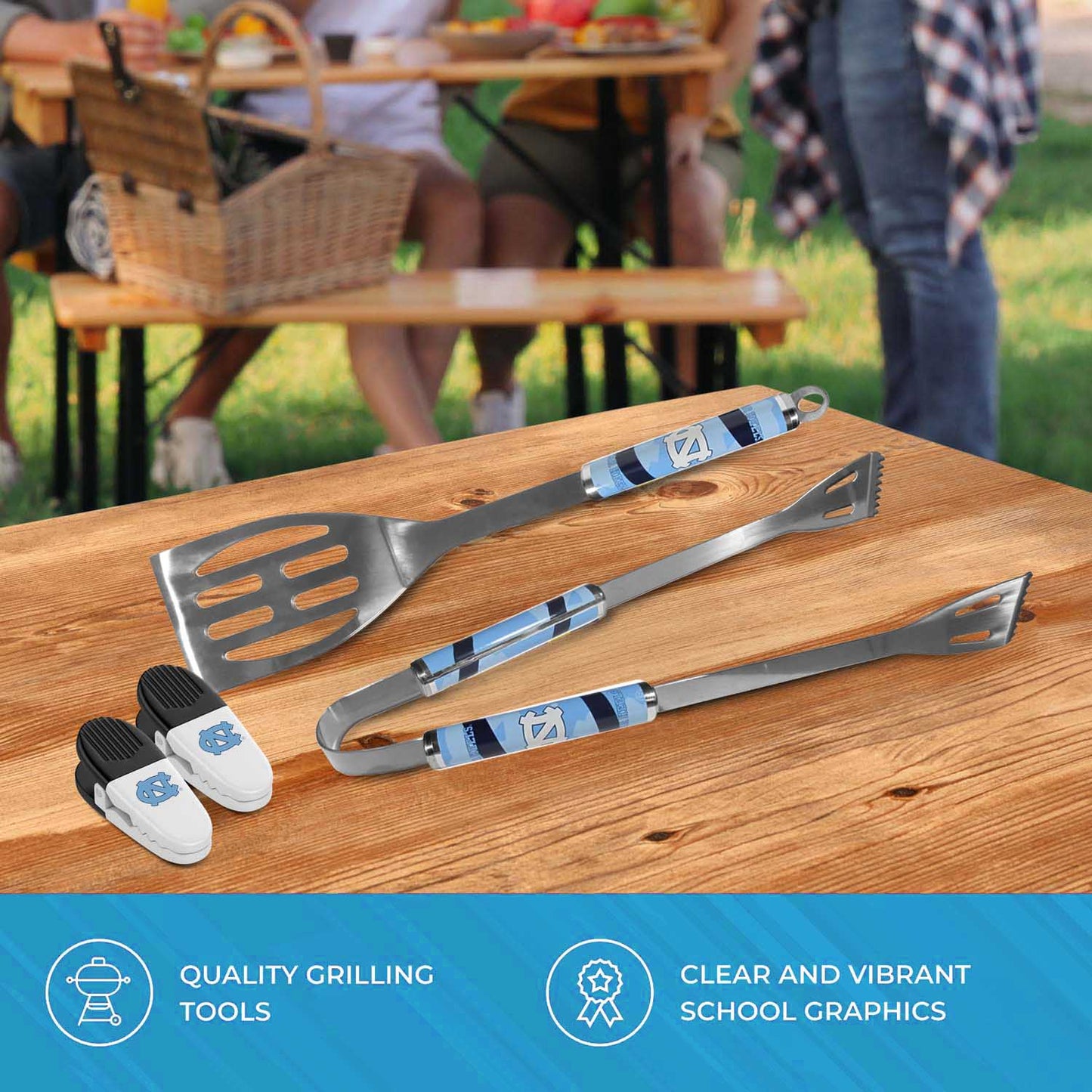 North Carolina Tar Heels Collegiate University Two Piece Grilling Tools Set with 2 Magnet Chip Clips - Chrome