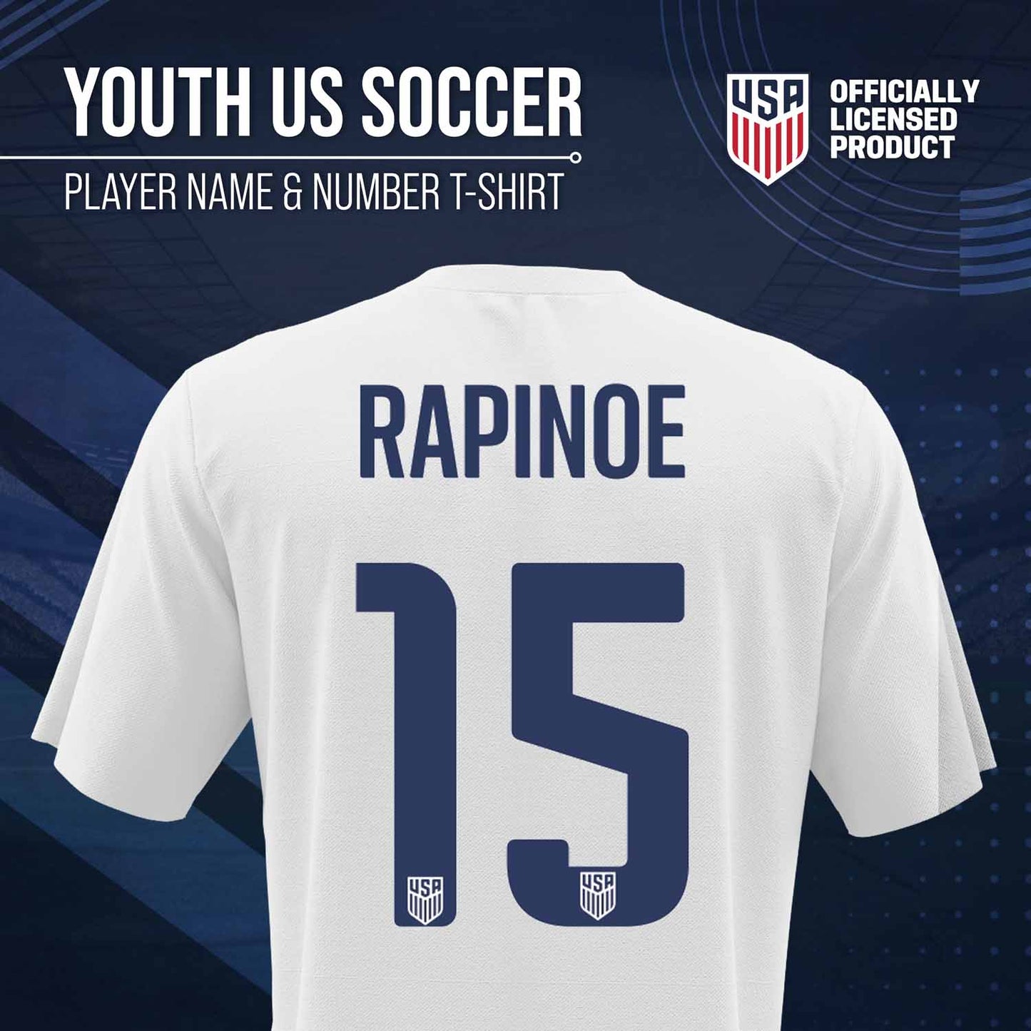 USA National Team The Victory Officially Licensed Youth US Women's National Soccer Team Megan Rapinoe Name & Number T-Shirt - White #15