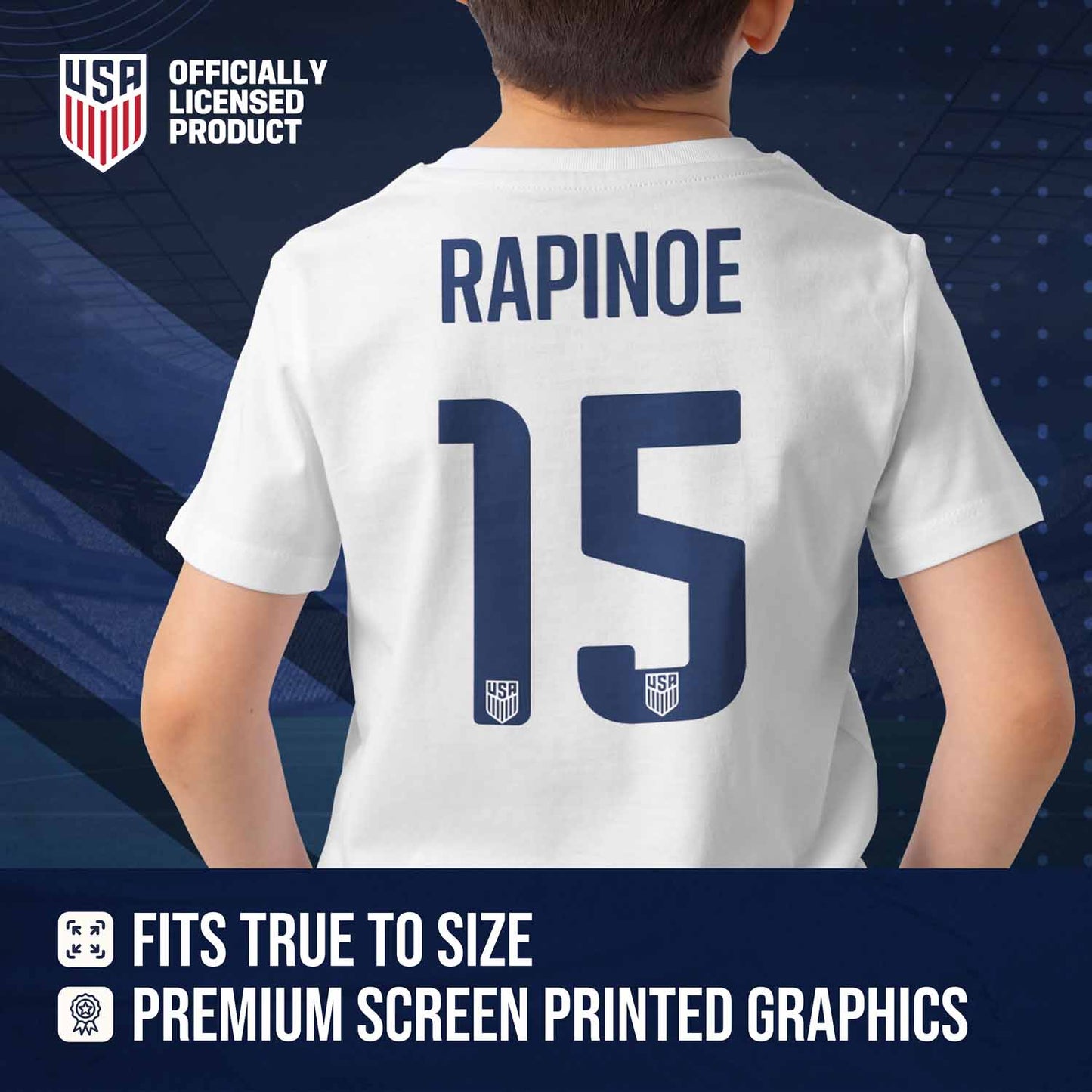 USA National Team The Victory Officially Licensed Youth US Women's National Soccer Team Megan Rapinoe Name & Number T-Shirt - White #15