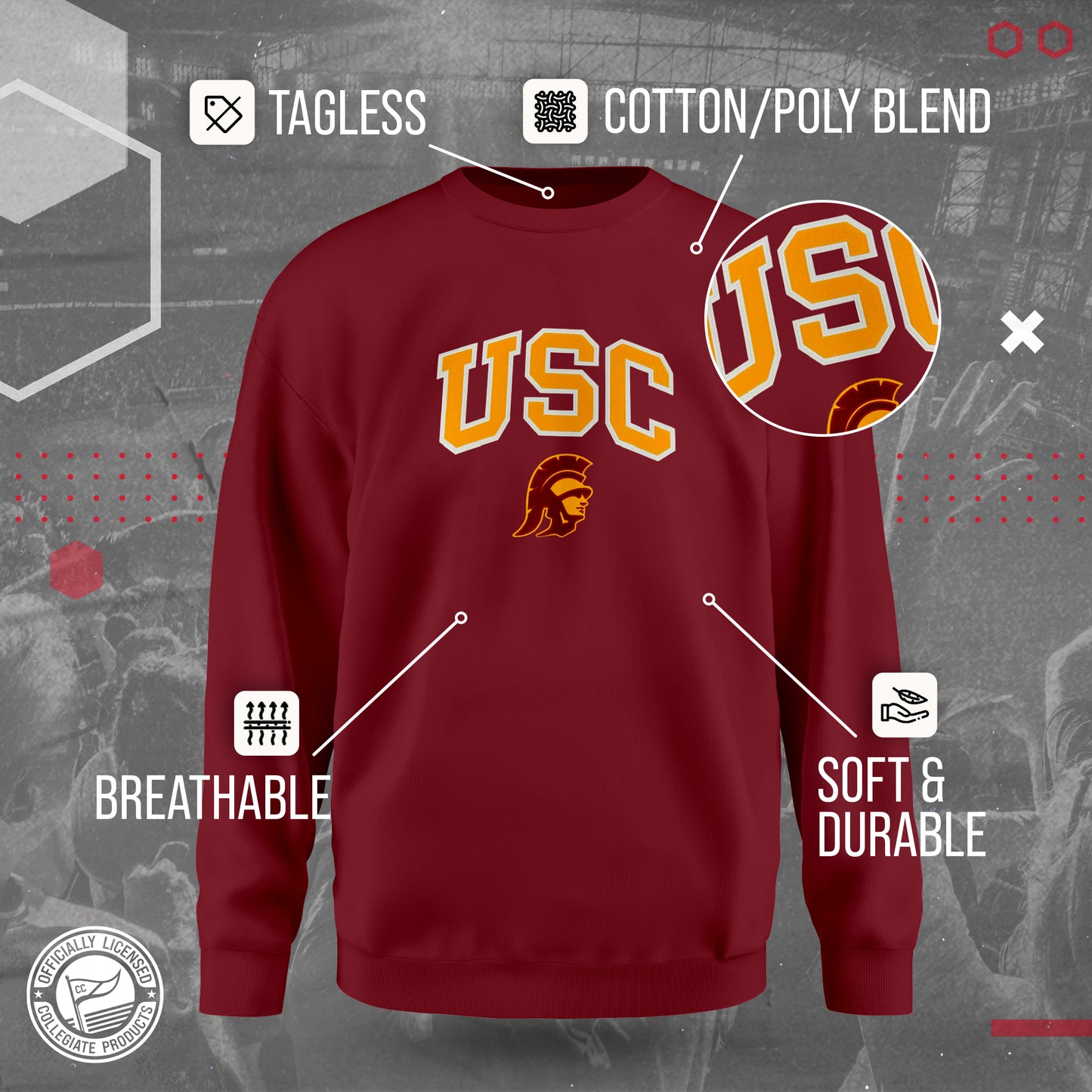 USC Trojans NCAA Adult Tackle Twill Crewneck Sweatshirt - Cardinal
