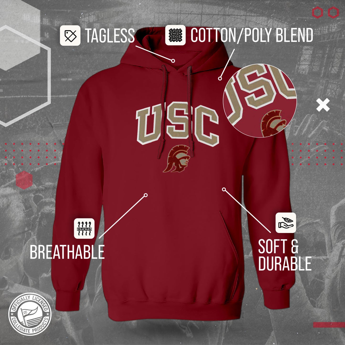 USC Trojans NCAA Adult Tackle Twill Hooded Sweatshirt - Cardinal