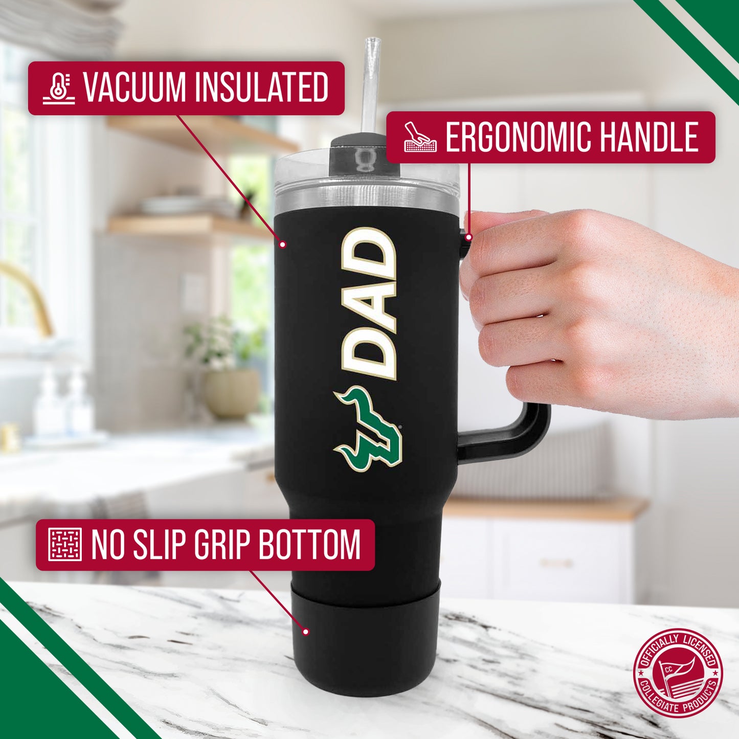 USF Bulls Collegiate 40oz Stainless Steel Travel Tumbler with Handle for Dad - Black