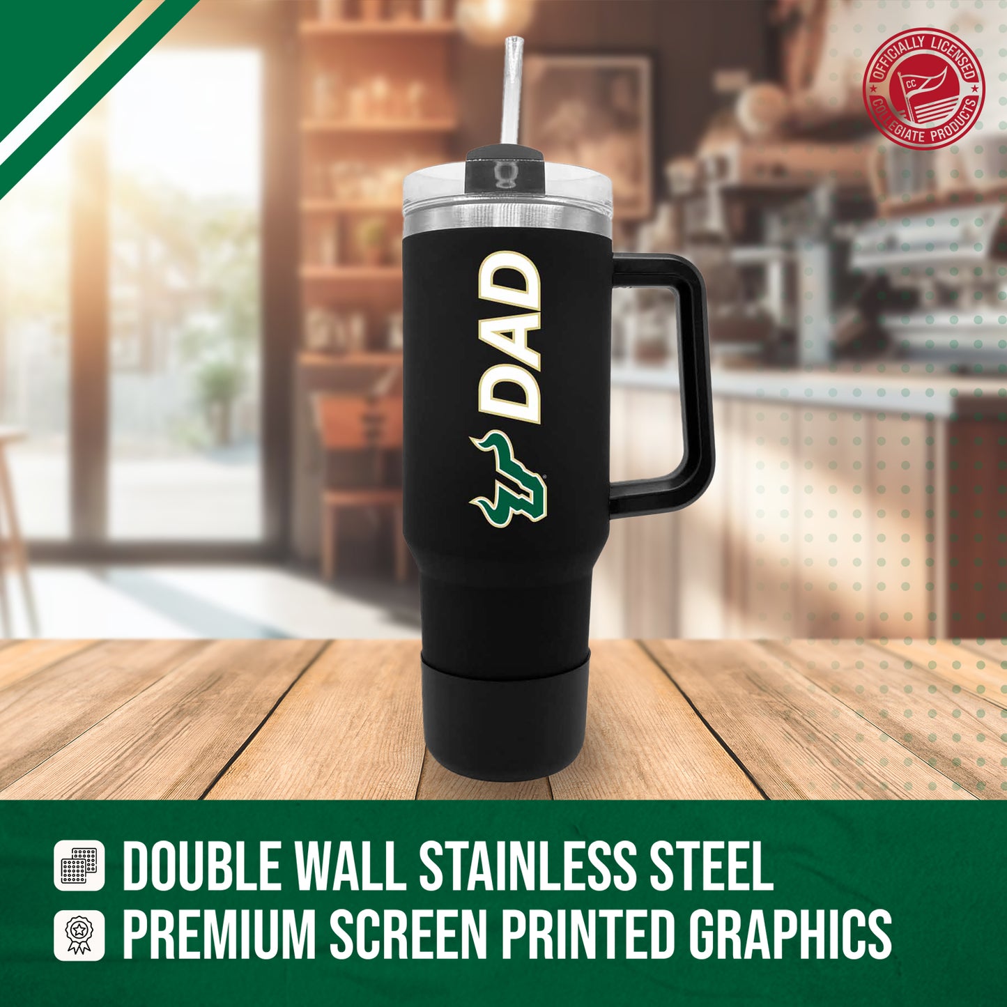 USF Bulls Collegiate 40oz Stainless Steel Travel Tumbler with Handle for Dad - Black