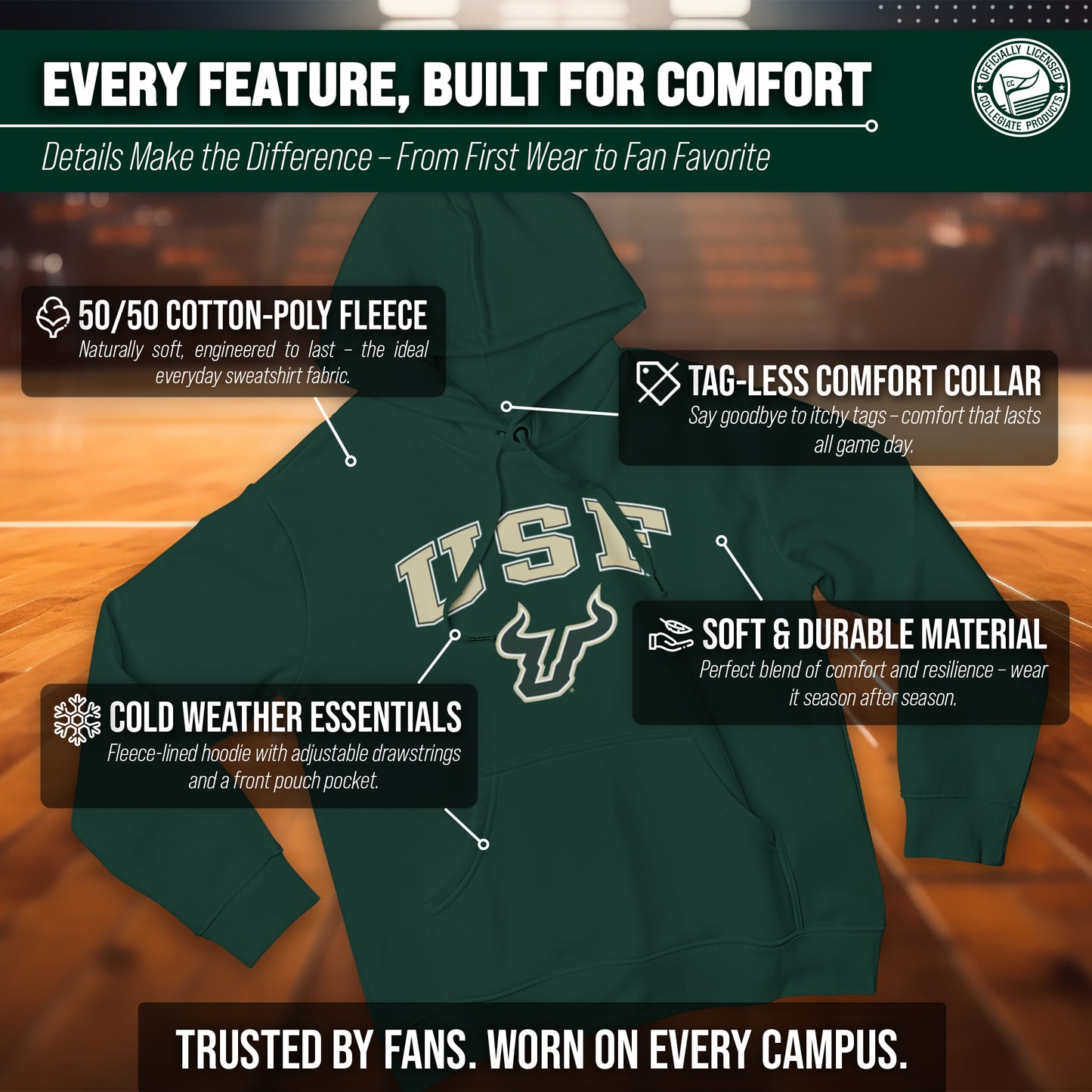 USF Bulls Adult Arch & Logo Soft Style Gameday Hooded Sweatshirt - Green