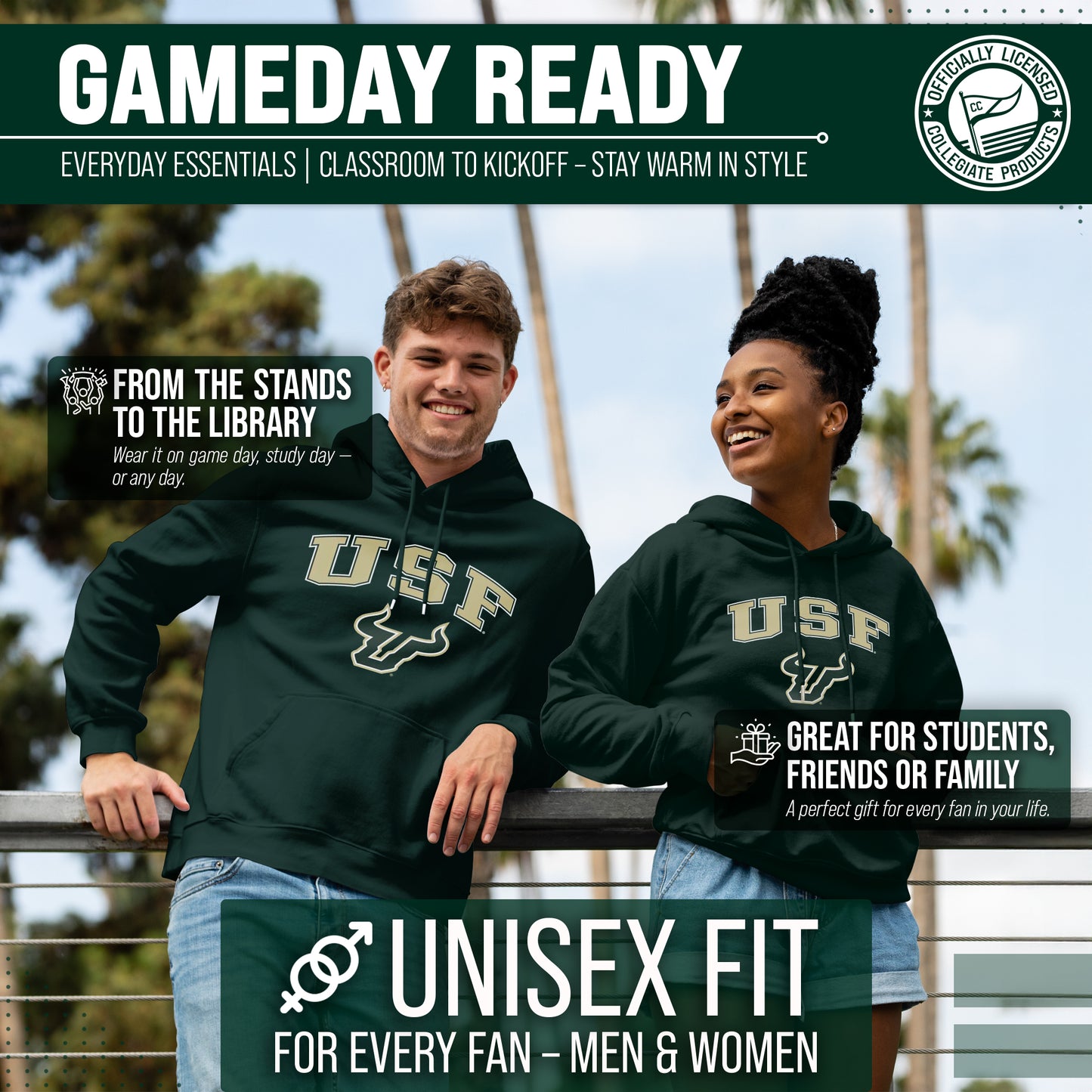 USF Bulls Adult Arch & Logo Soft Style Gameday Hooded Sweatshirt - Green