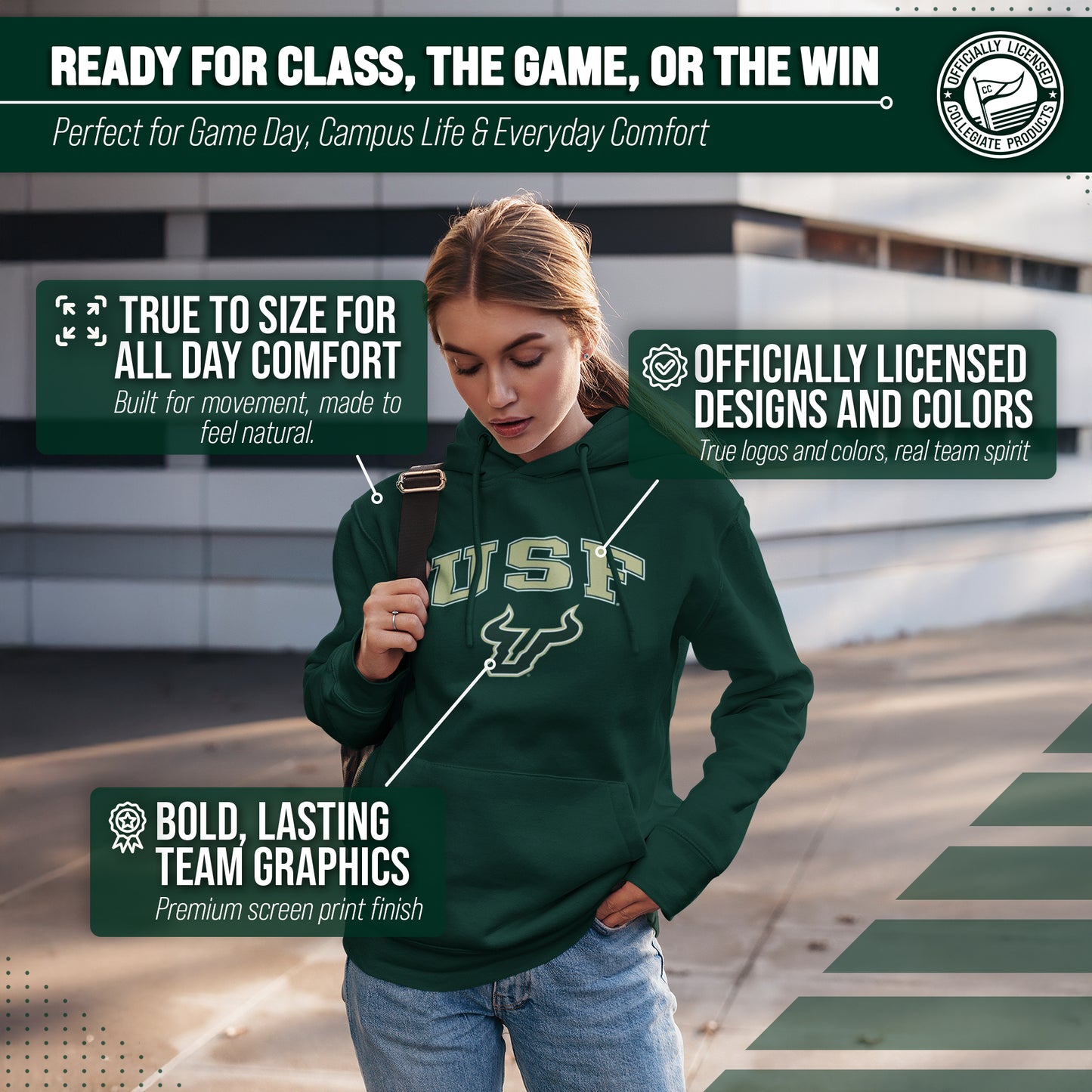 USF Bulls Adult Arch & Logo Soft Style Gameday Hooded Sweatshirt - Green