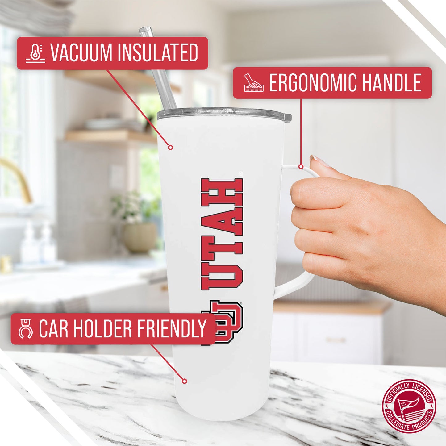 Utah Utes NCAA Stainless Steel 20oz Roadie With Handle & Dual Option Lid With Straw - White