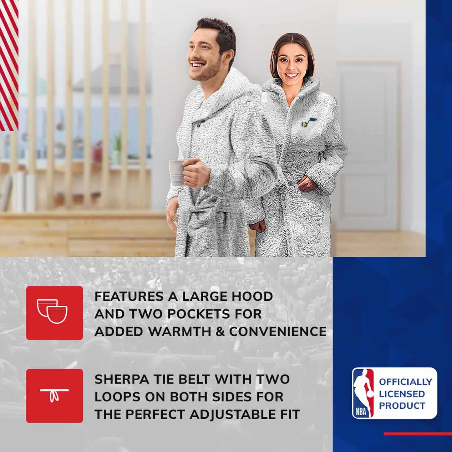 Utah Jazz NBA Adult Plush Hooded Robe with Pockets - Gray
