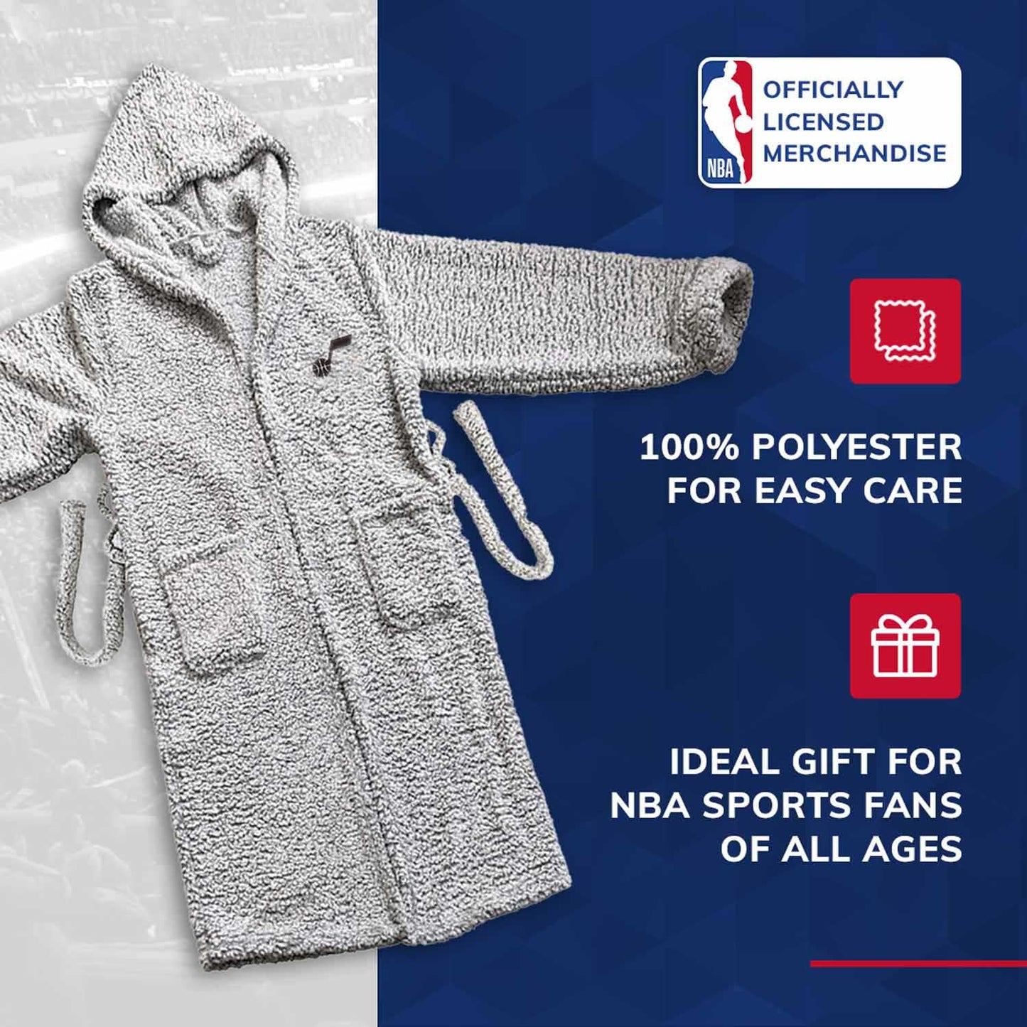 Utah Jazz NBA Adult Plush Hooded Robe with Pockets - Gray
