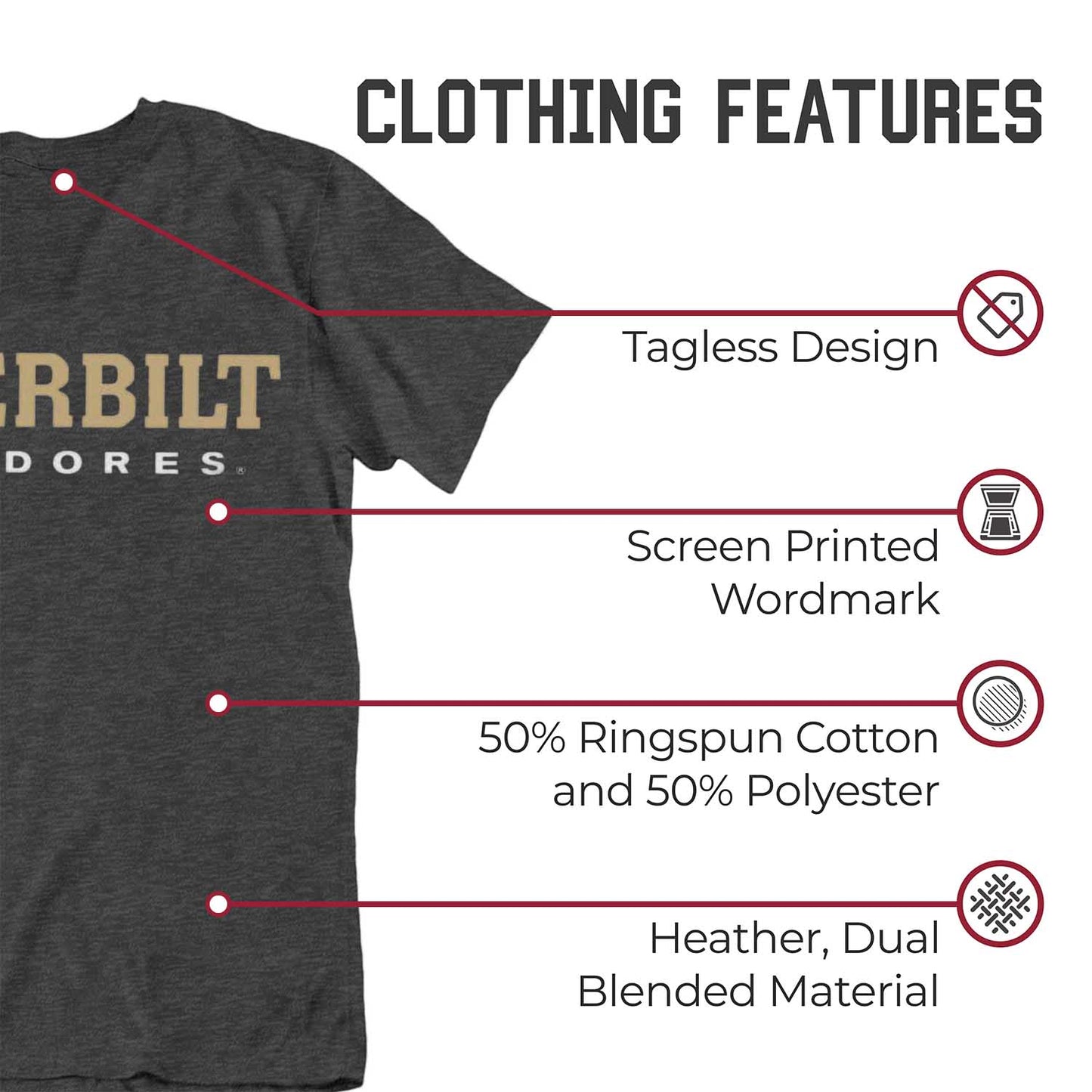 Vanderbilt Commodores Campus Colors NCAA Adult Cotton Blend Charcoal Tagless T-Shirt - Charcoal