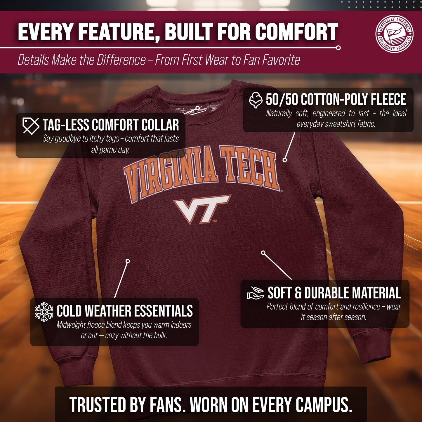 Virginia Tech Hokies Adult Arch & Logo Soft Style Gameday Crewneck Sweatshirt - Maroon