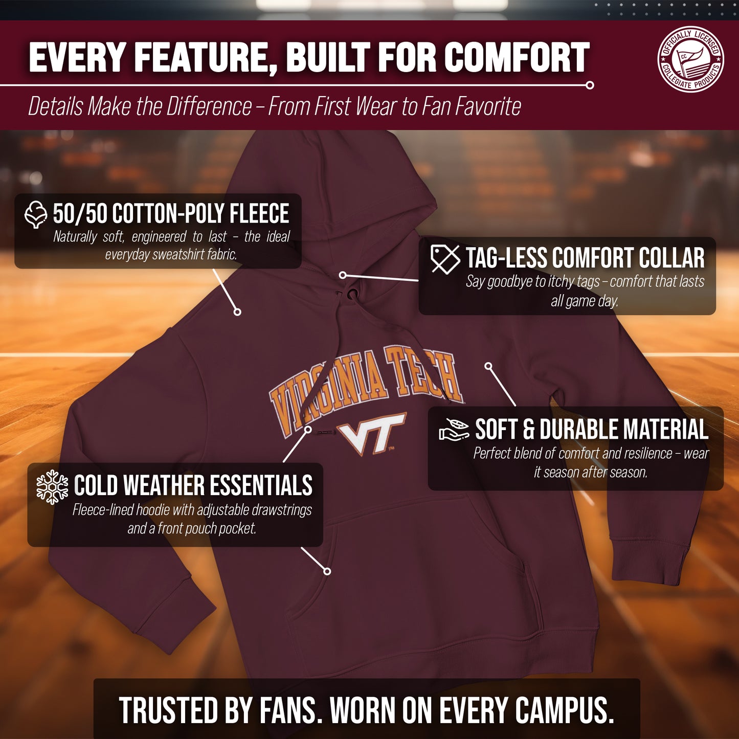 Virginia Tech Hokies Adult Arch & Logo Soft Style Gameday Hooded Sweatshirt - Maroon