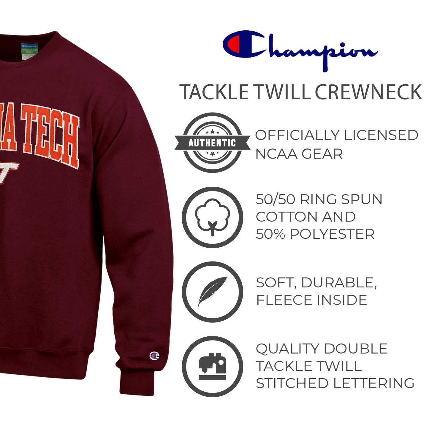 Virginia Tech Hokies Adult Tackle Twill Crewneck - Maroon