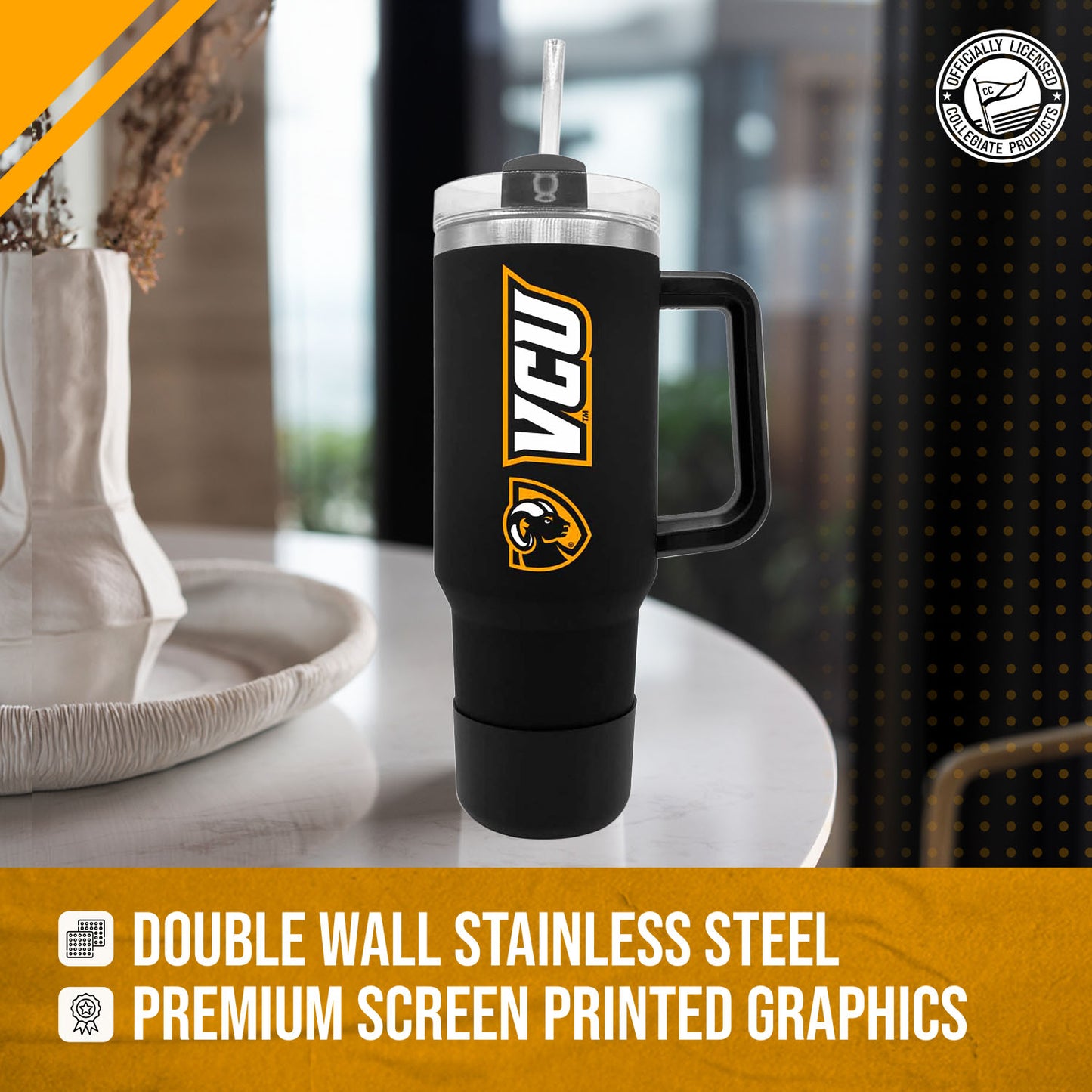 VCU Rams College & University 40 oz Travel Tumbler With Handle - Black