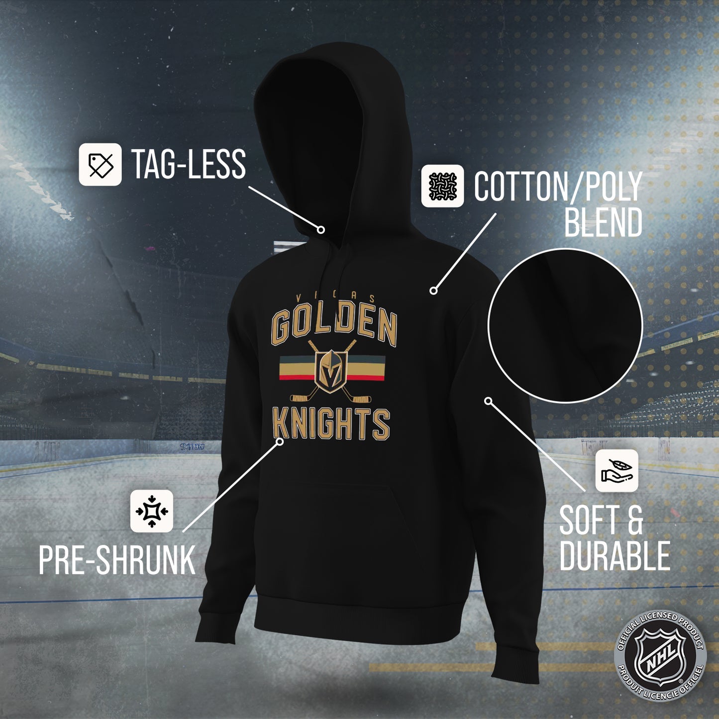 Las Vegas Golden Knights Adult NHL Face Off Hockey Fleece Hooded Sweatshirt - Black