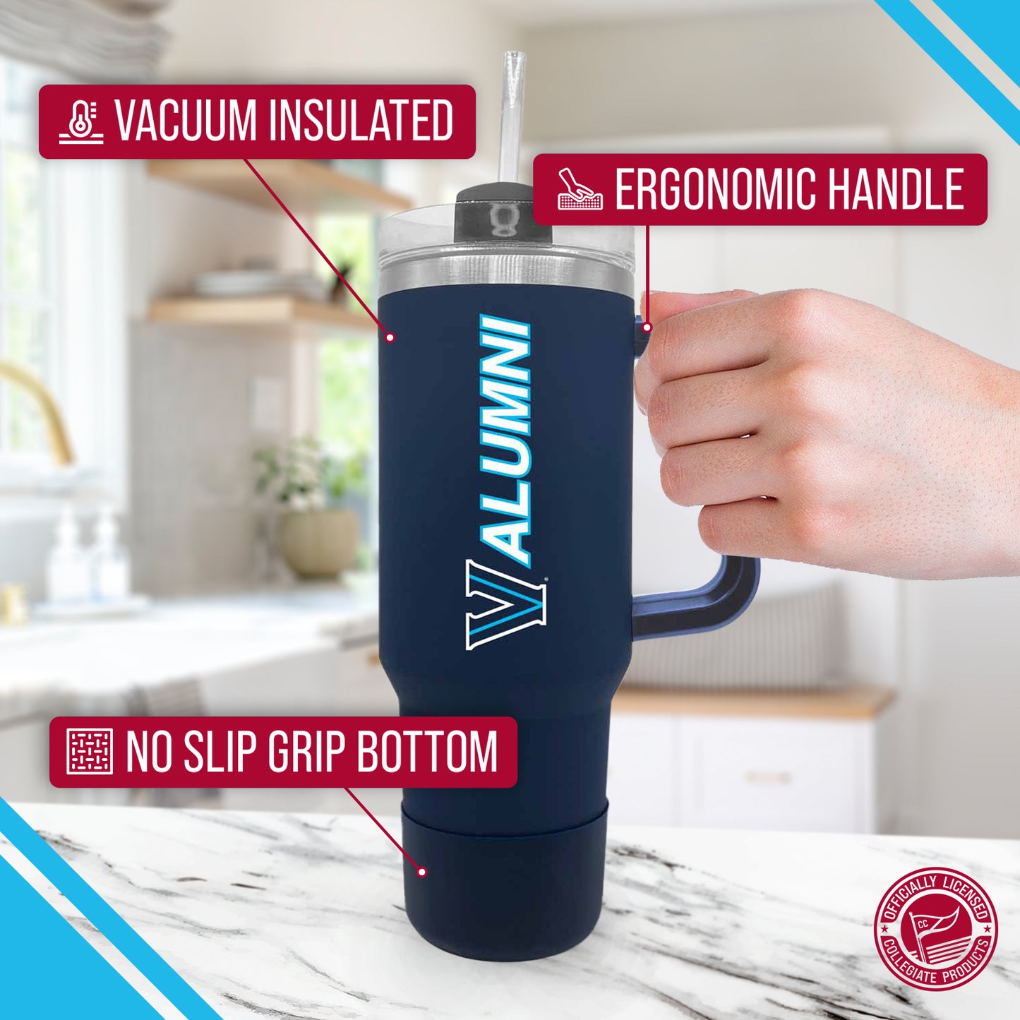 Villanova Wildcats Collegiate 40oz Stainless Steel Travel Tumbler with Handle for Alumni - Navy
