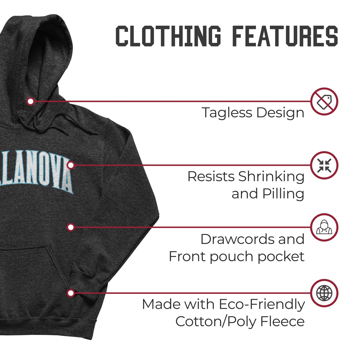 Villanova Wildcats NCAA Adult Cotton Blend Charcoal Hooded Sweatshirt - Charcoal