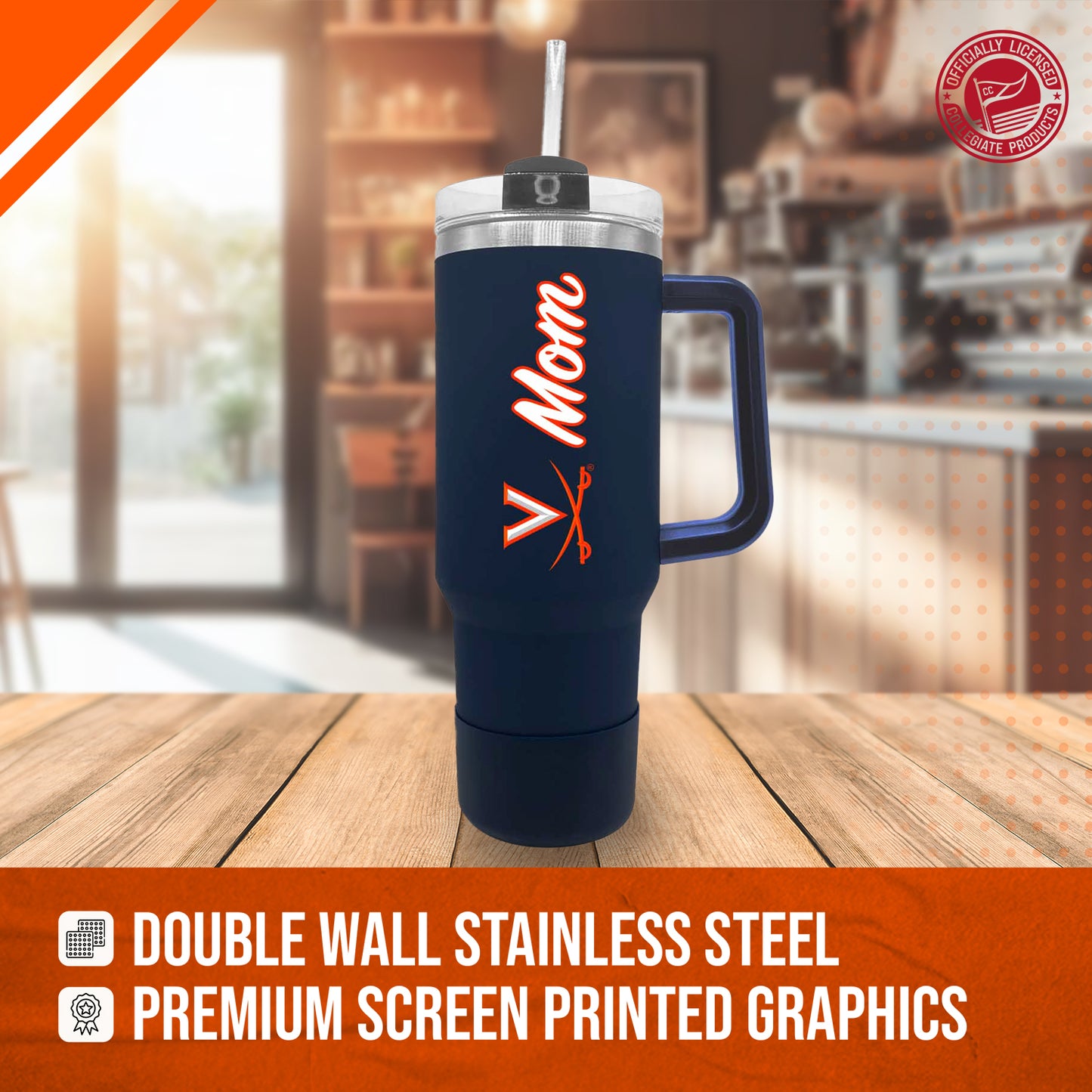 Virginia Cavaliers Collegiate 40oz Stainless Steel Travel Tumbler with Handle for Mom - Navy