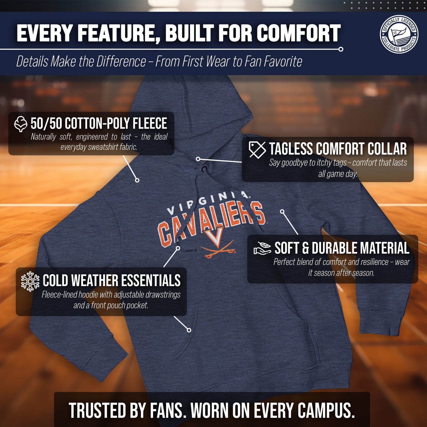 Virginia Cavaliers NCAA Adult Unisex Starting Fresh Heathered Hooded Fleece Sweatshirt - Navy Heather
