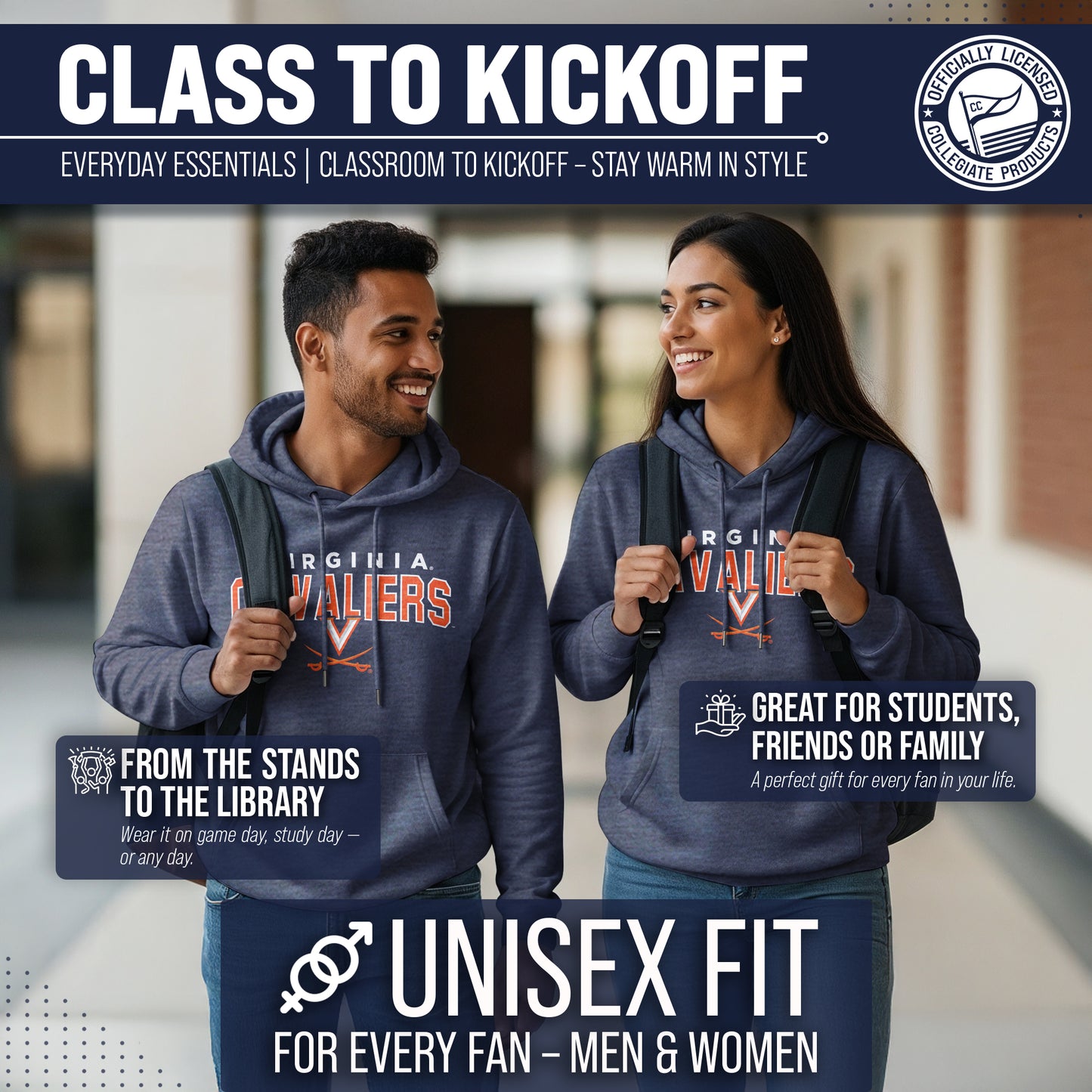 Virginia Cavaliers NCAA Adult Unisex Starting Fresh Heathered Hooded Fleece Sweatshirt - Navy Heather