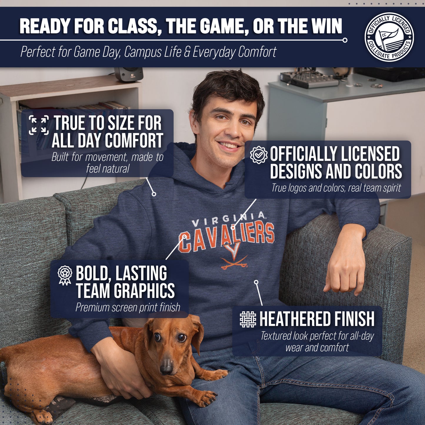 Virginia Cavaliers NCAA Adult Unisex Starting Fresh Heathered Hooded Fleece Sweatshirt - Navy Heather
