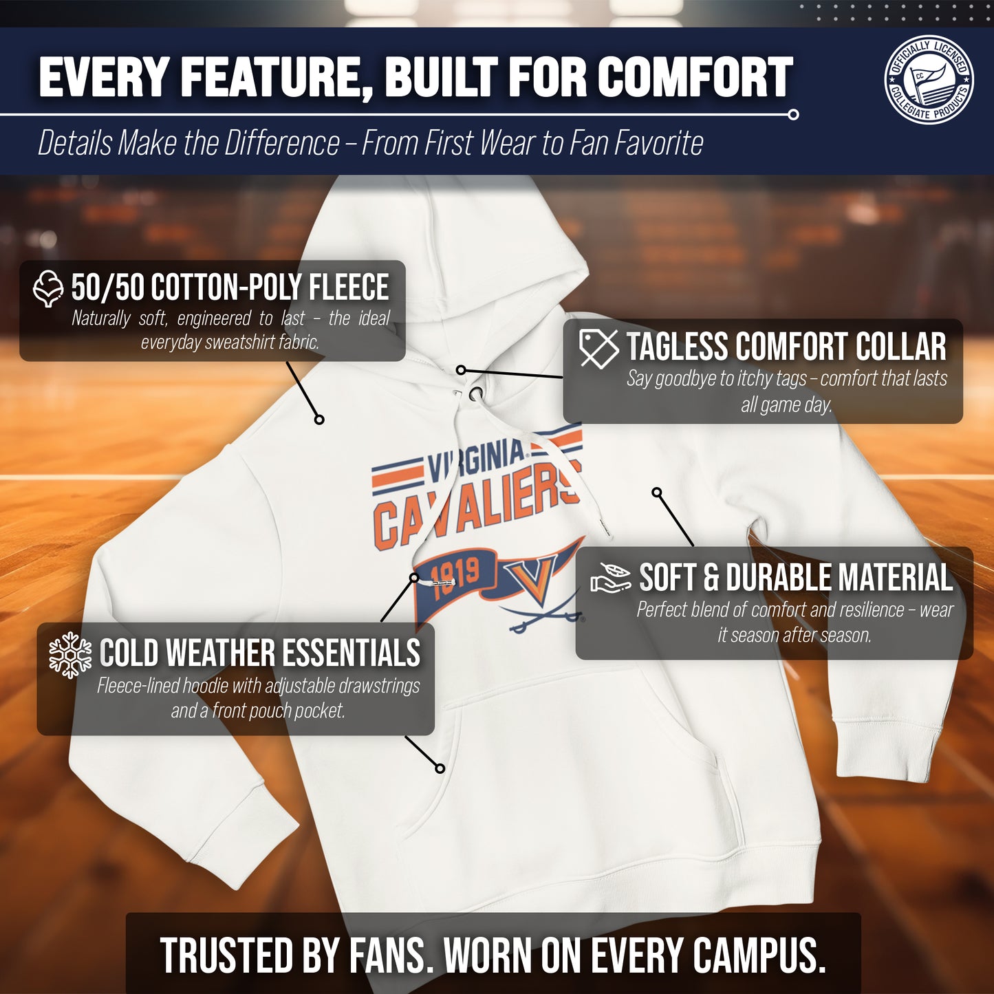 Virginia Cavaliers NCAA Adult Unisex Varsity Club Pennant Hooded Fleece Sweatshirt - Off White