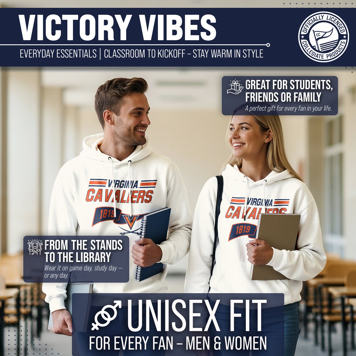 Virginia Cavaliers NCAA Adult Unisex Varsity Club Pennant Hooded Fleece Sweatshirt - Off White