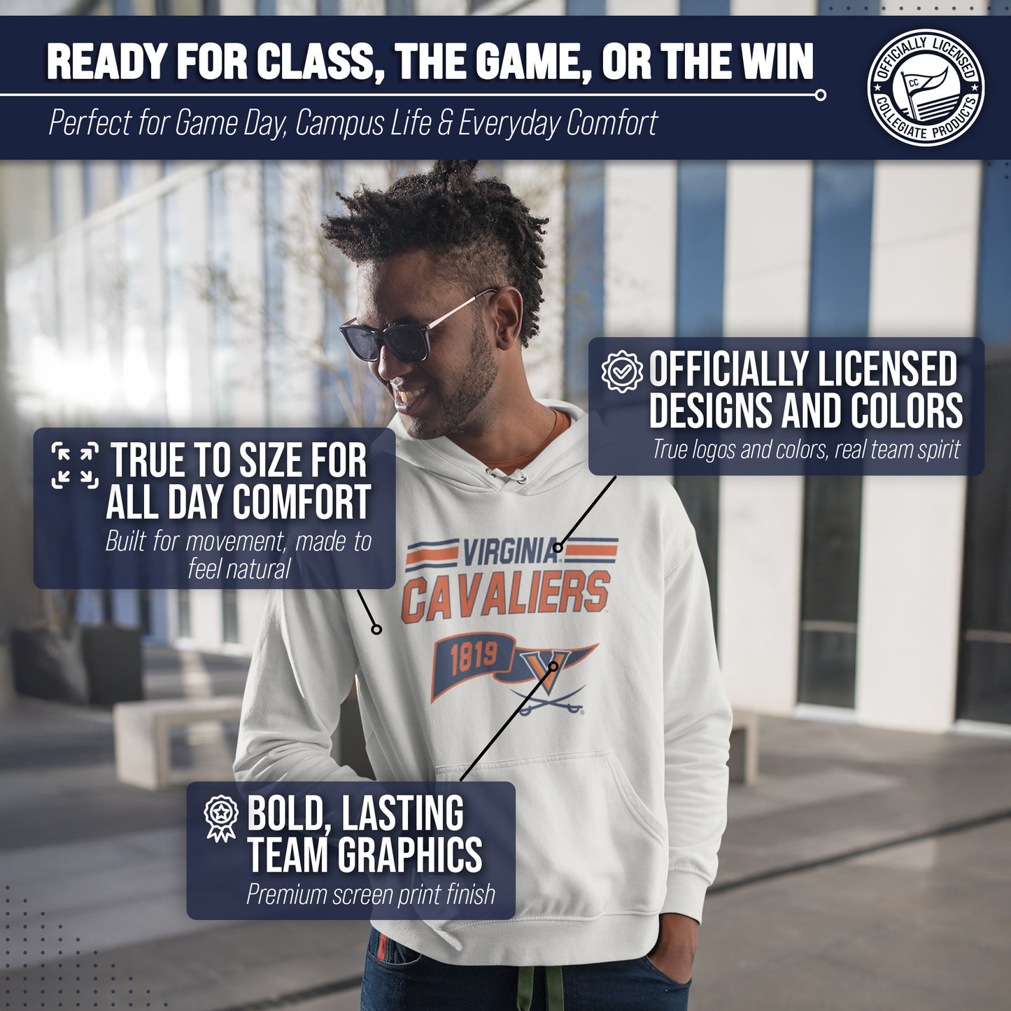 Virginia Cavaliers NCAA Adult Unisex Varsity Club Pennant Hooded Fleece Sweatshirt - Off White