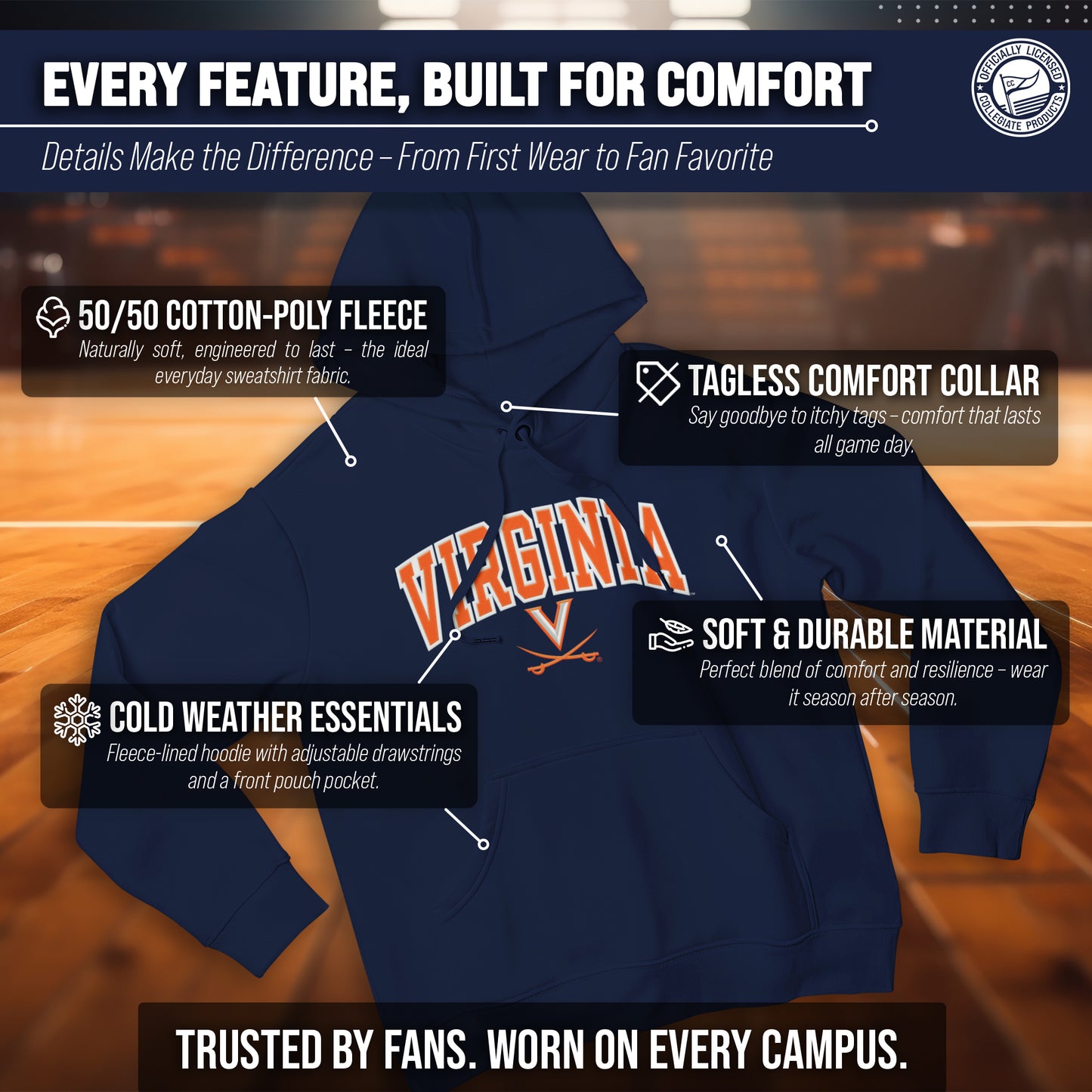 Virginia Cavaliers NCAA Adult Tackle Twill Hooded Sweatshirt - Navy