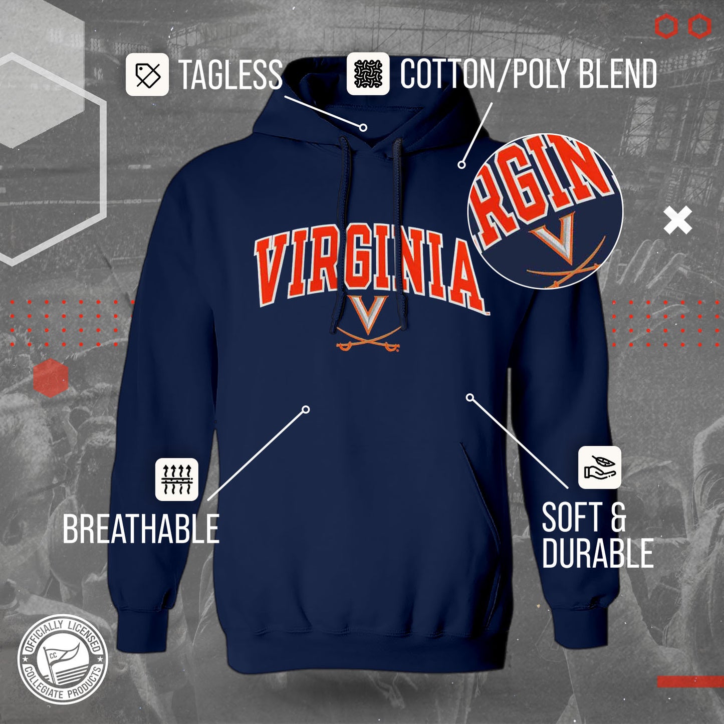 Virginia Cavaliers NCAA Adult Tackle Twill Hooded Sweatshirt - Navy