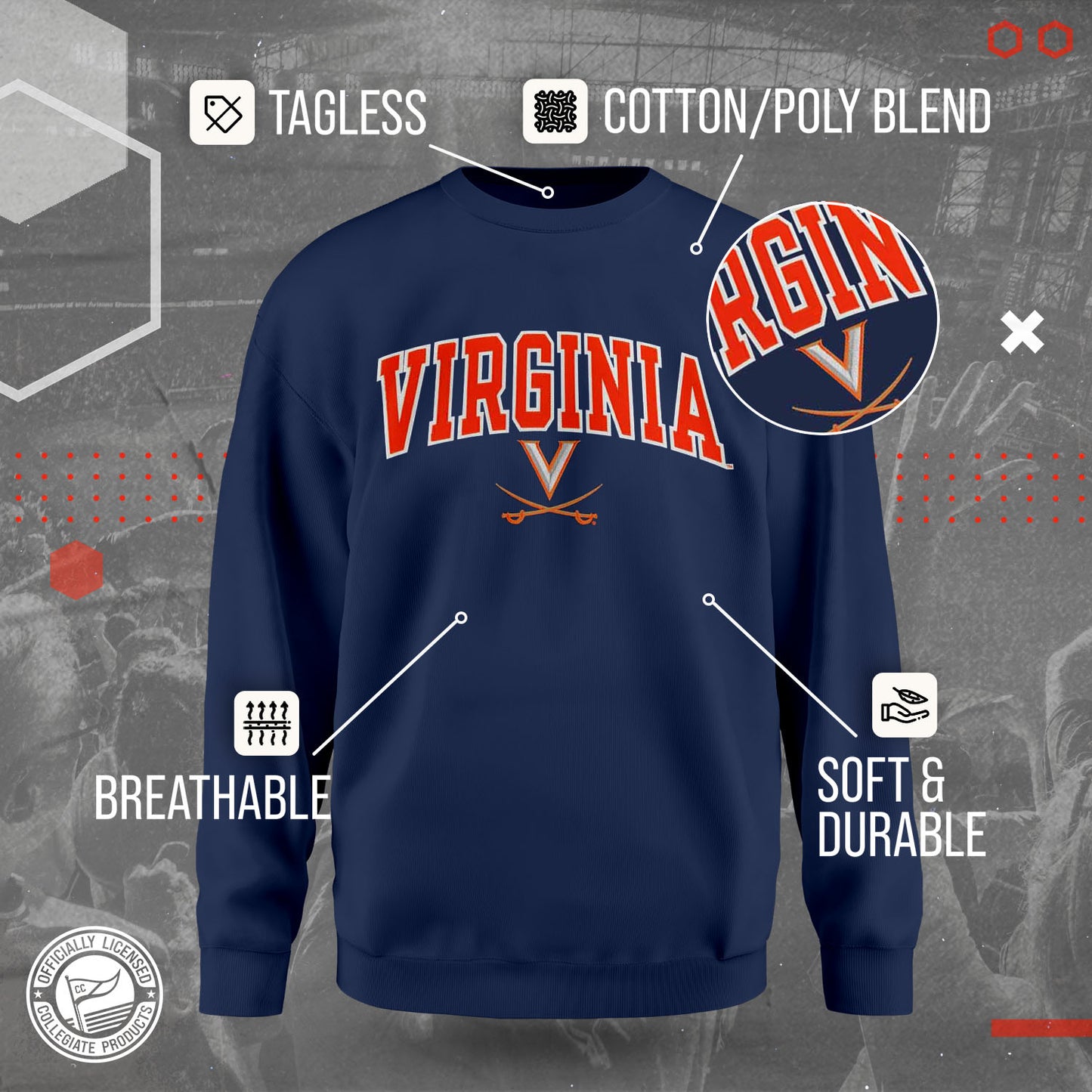 Virginia Cavaliers NCAA Adult Tackle Twill Crewneck Sweatshirt - Navy