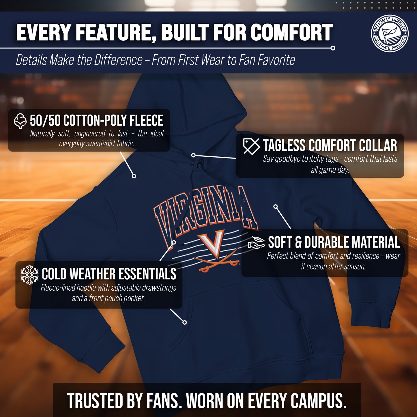 Virginia Cavaliers NCAA Adult Unisex Overtime Classics Hooded Fleece Sweatshirt - Navy