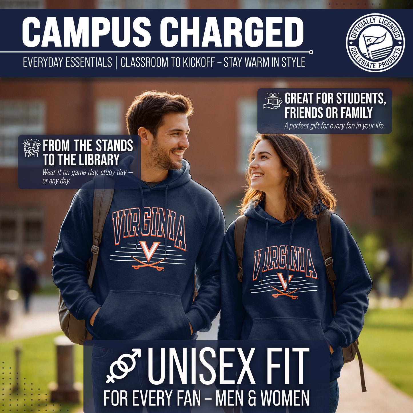 Virginia Cavaliers NCAA Adult Unisex Overtime Classics Hooded Fleece Sweatshirt - Navy