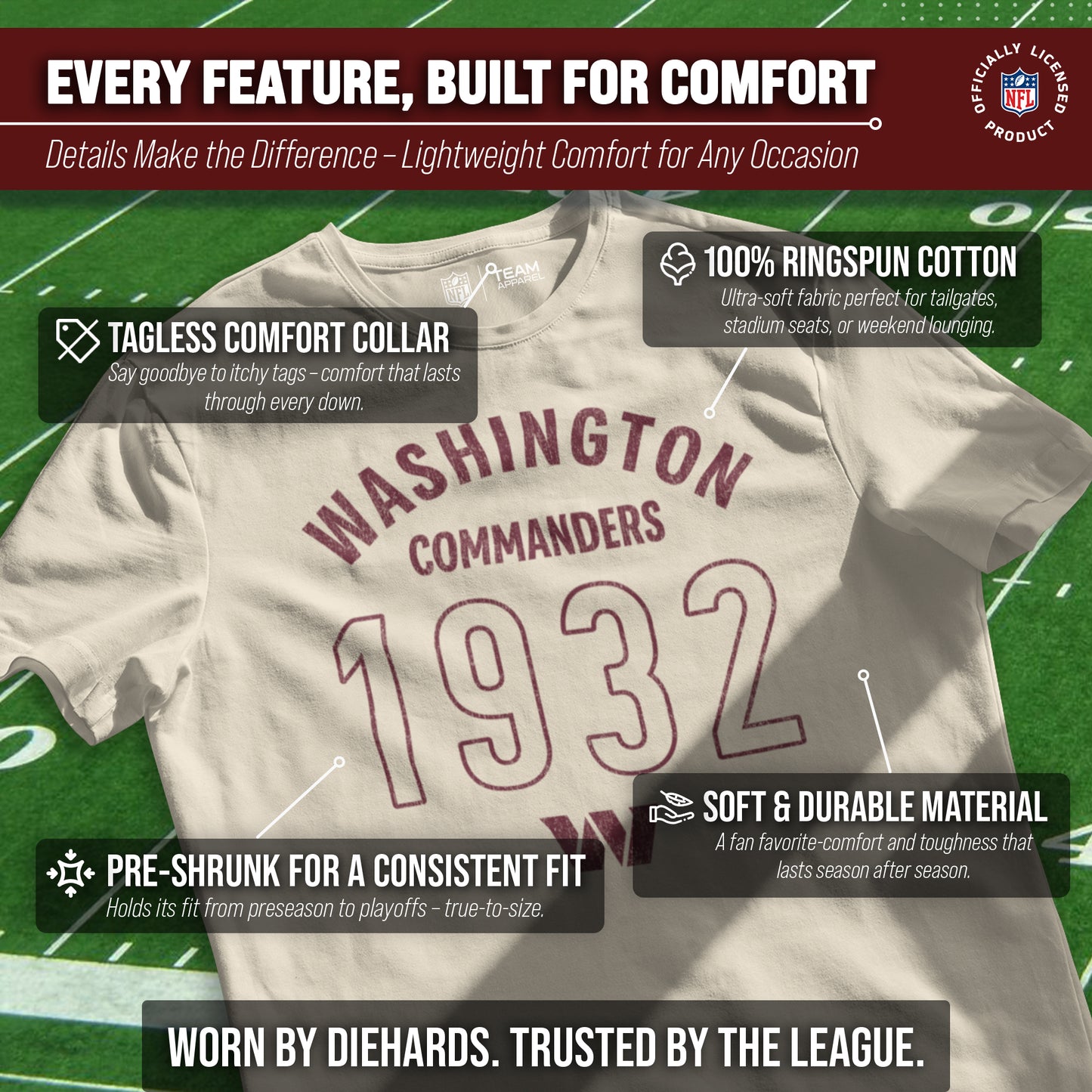 Washington Commanders NFL Adult Big Date Tag-Less T-Shirt - Natural