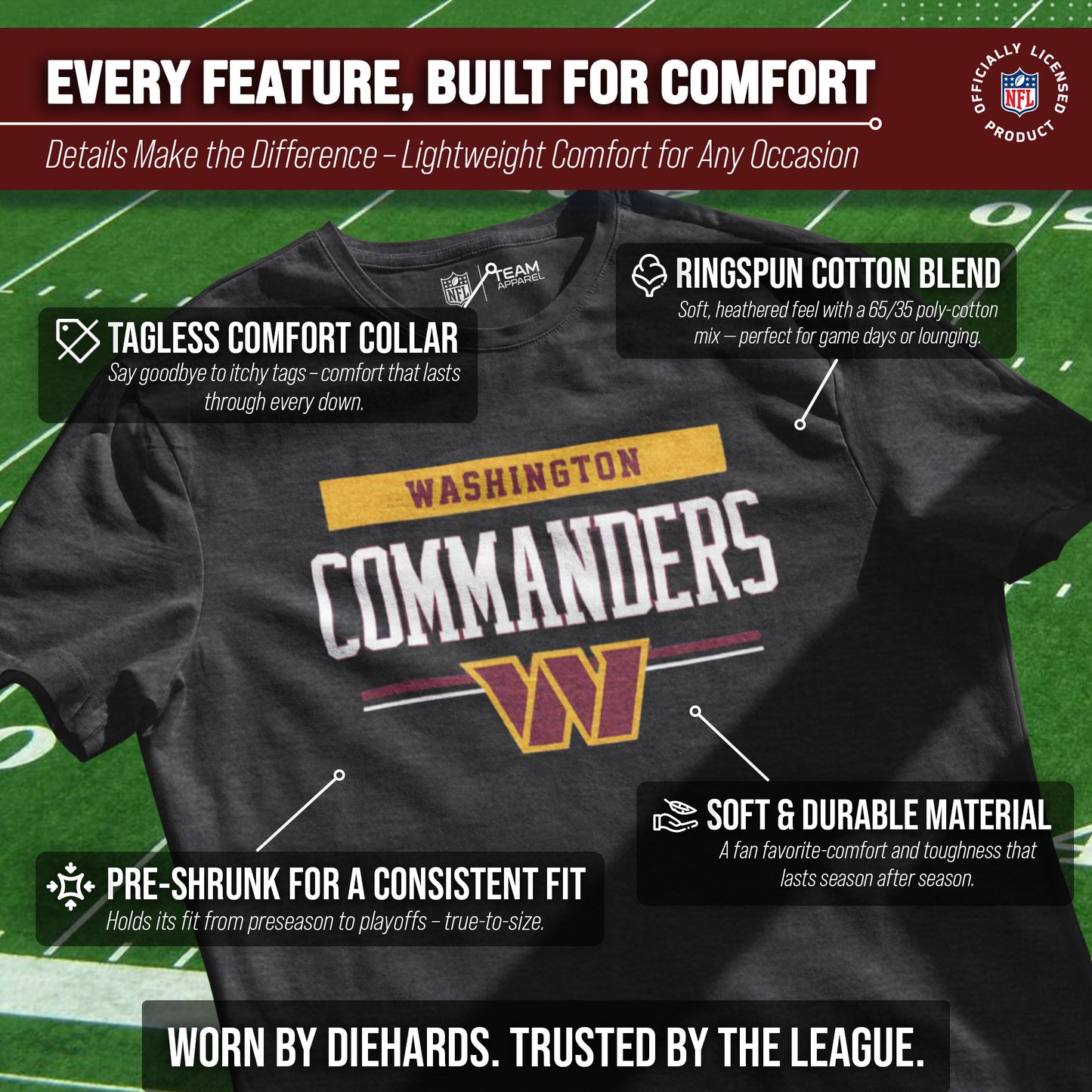 Washington Commanders NFL Adult Team Block Tagless T-Shirt - Charcoal