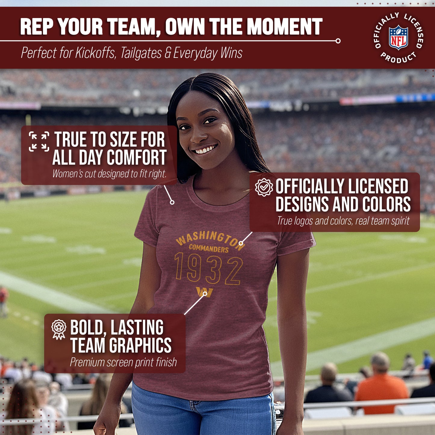 Washington Commanders NFL Womens Big Date Tag-Less T-Shirt - Maroon Heather