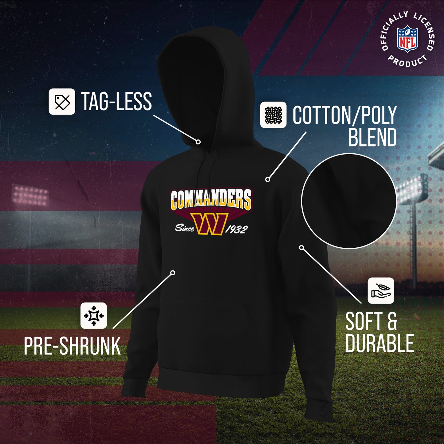 Washington Commanders NFL Adult Unisex Vintage Block Ultra Soft Fleece Hooded Sweatshirt - Black